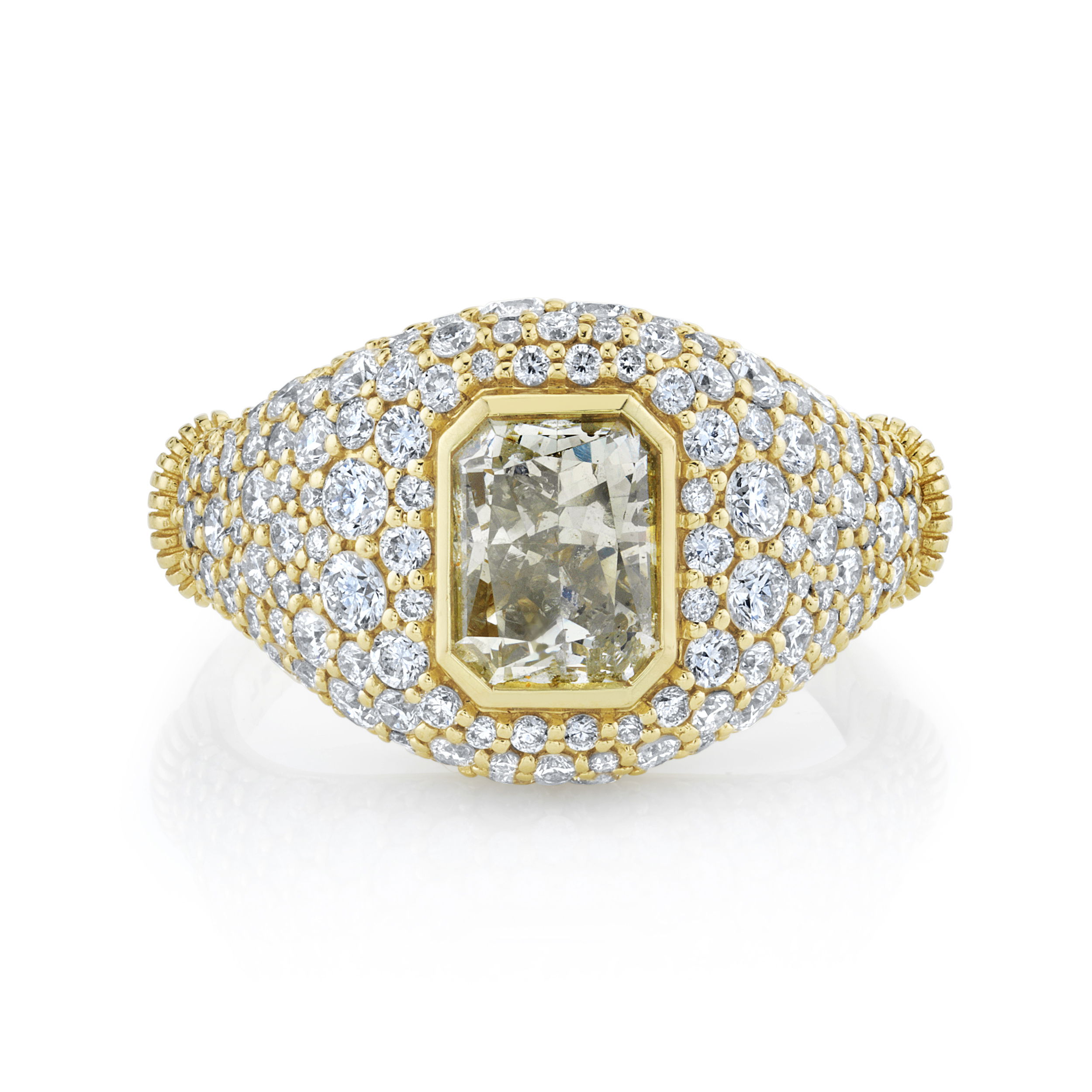 Expertly crafted in Southern California, this piece catches the light in just the right way, offering a captivating dazzle.-18k Yellow gold-Radiant diamond, 1.01ct-Round diamonds, 1.12cts-Size 4.5Item# 804-2000180 Pave Diamond Signet Ring