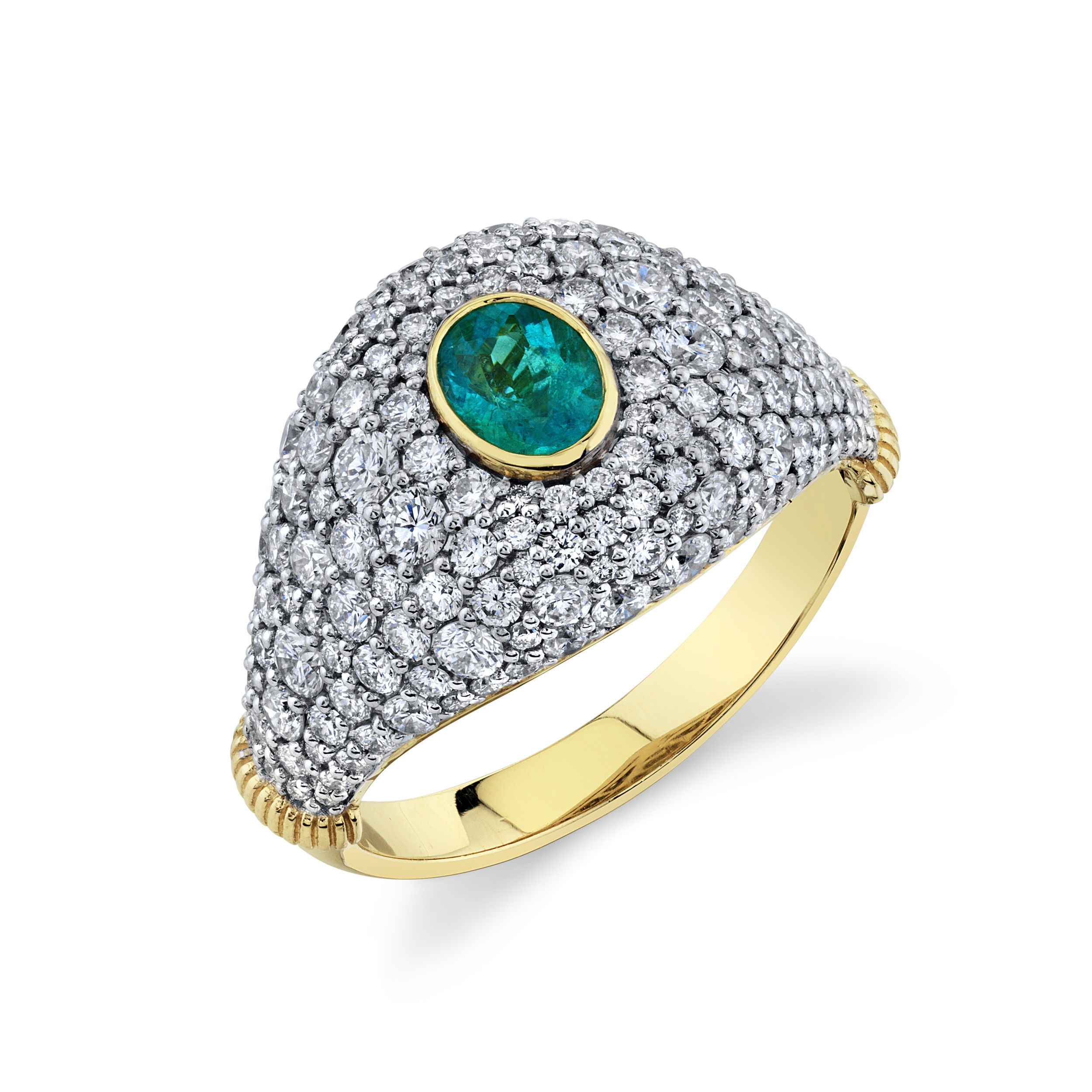 Created in Southern California and designed to be cherished, this piece is sure to become a go-to favorite in your collection.-18k Yellow gold-Round Paraiba Tourmaline, 0.31ct-Round white diamonds, 1.41cts-Size 5Item# 804-2000181 Paraiba Tourmaline & Pave Diamond Signet Ring