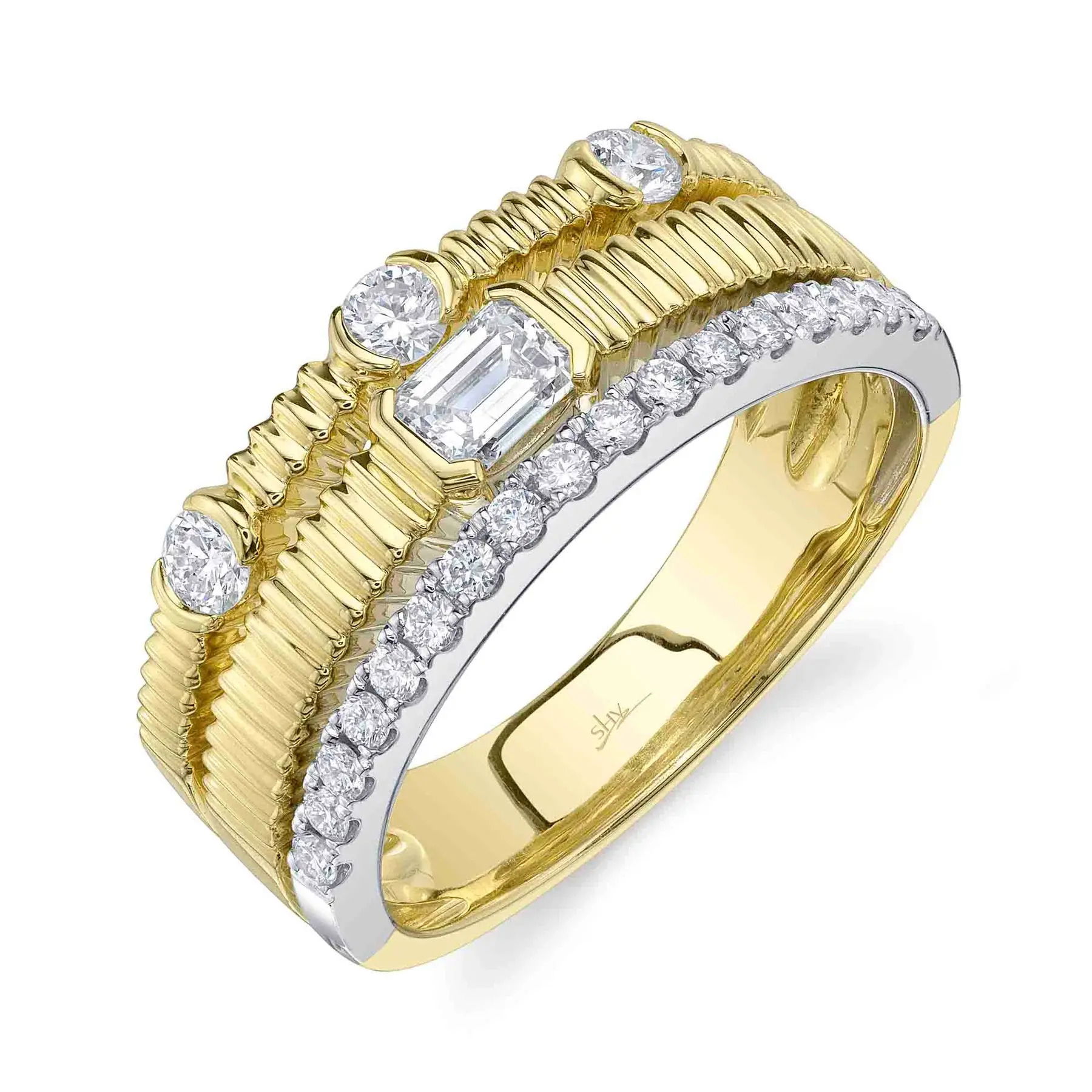 Make a bold statement with this eye-catching piece, designed to spark conversations. All Shy Creation diamonds are natural and hand-selected. All stones are unique and hand set. As a result, you can expect slight variations in the shade, hue, tint of the color stones and stone count.-14k Yellow gold-Round diamonds, 0.42cts-Emerald diamond, 0.25cts-Dimensions, 0.30"W-Size 7Item# 804-2000182 Diamond Emerald Ring
