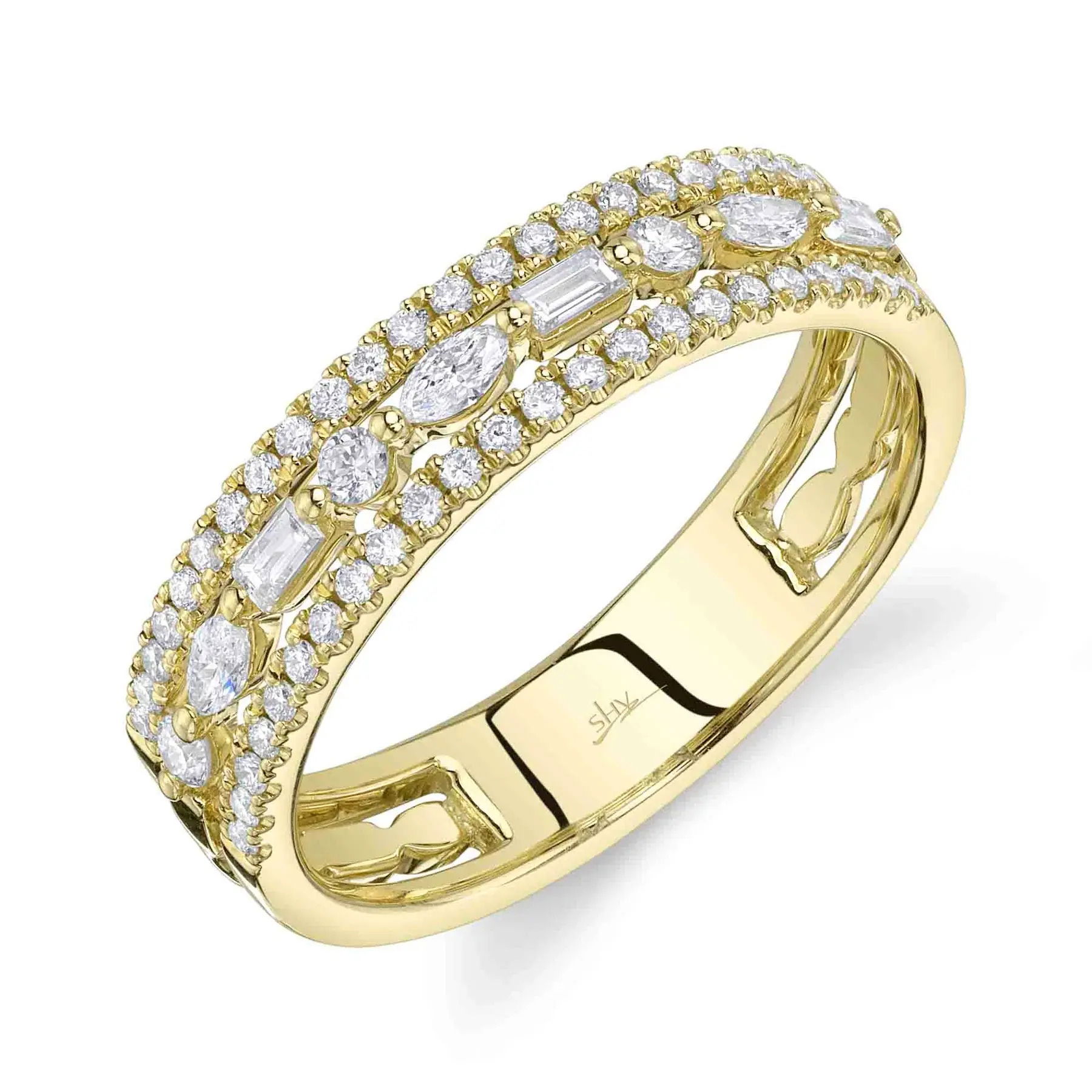 Experience both luxury and comfort with this timeless piece, designed for everyday elegance. All Shy Creation diamonds are natural and hand-selected. All stones are unique and hand set. As a result, you can expect slight variations in the shade, hue, tint of the color stones and stone count.-14k Yellow gold-Round diamonds, 0.28cts-Marquise diamonds, 0.10cts-Baguette diamonds, 0.09cts-Dimensions, 5.0mm-Size 7Item# 804-2000191 Diamond Baguette Marquise Band