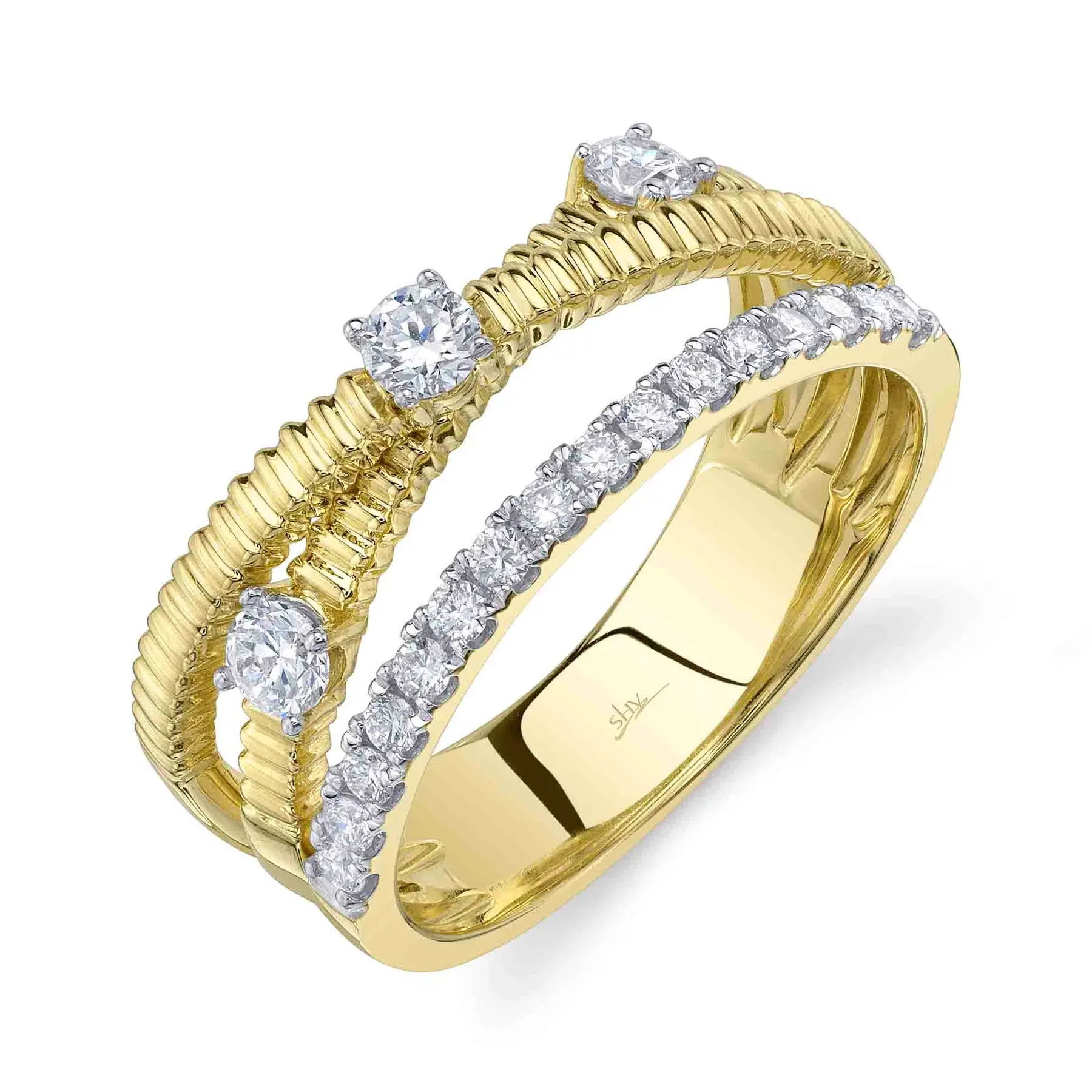 Charming yet practical, this piece offers all-day style and comfort, perfect for any occasion. All Shy Creation diamonds are natural and hand-selected. All stones are unique and hand set. As a result, you can expect slight variations in the shade, hue, tint of the color stones and stone count.-14K Yellow gold-Round diamonds, 0.50cts-Dimensions, 0.30"W-Size 7Item# 804-2000192 Diamond Bridge Ring