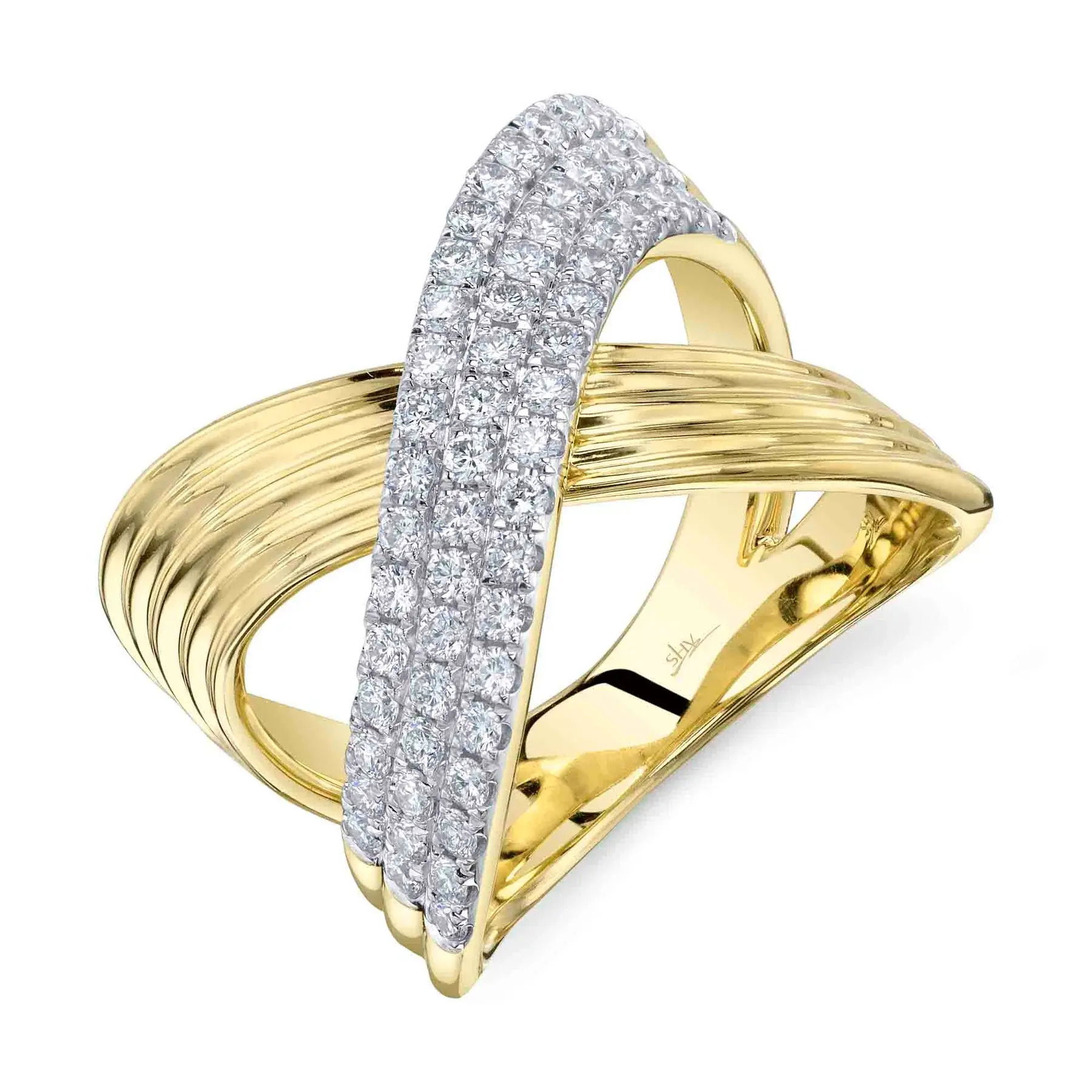 Make a lasting impression with this head-turning design, crafted for those who appreciate bold style. All Shy Creation diamonds are natural and hand-selected. All stones are unique and hand set. As a result, you can expect slight variations in the shade, hue, tint of the color stones and stone count.-14k Yellow gold-Round diamonds, 0.79cts-Size 7Item# 807-01171 Diamond Bridge Ring