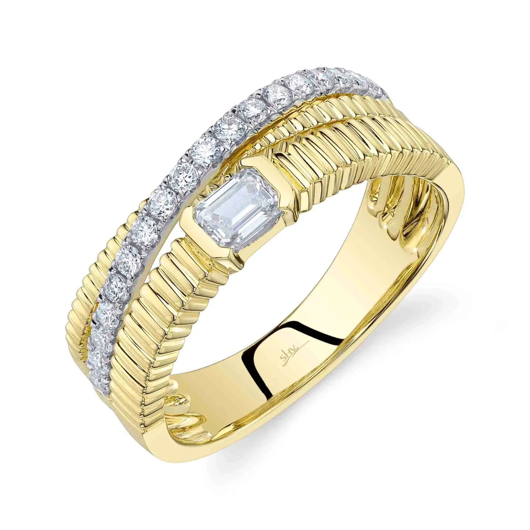Textured 14 karat gold and diamonds make this cross over ring funky and fun. All Shy Creation diamonds are natural and hand-selected. All stones are unique and hand set. As a result, you can expect slight variations in the shade, hue, tint of the color stones and stone count.-14k Yellow and white gold-Round diamonds, 0.26cts-Emerald diamond, 0.24ct-Dimensions, 0.25"W-Size 7, contact for sizing optionsItem# 804-2000195 Diamond Criss-Cross Ring