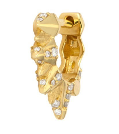 Combining classic elegance with on trend shapes and styles, JFJ offers something for women of all ages. From the Petites Collection, this hoop is edgy, chic, and displays the eye-catching spiked texture with a small white diamond detail you will love. Hoop sold as a single.-18k Yellow gold-Round white diamonds, 0.10cts-Dimensions, 7mm x 12mm x 2.5mmItem# PH07F20-WD-Y Petite Diamond Spiked Hoop Earring