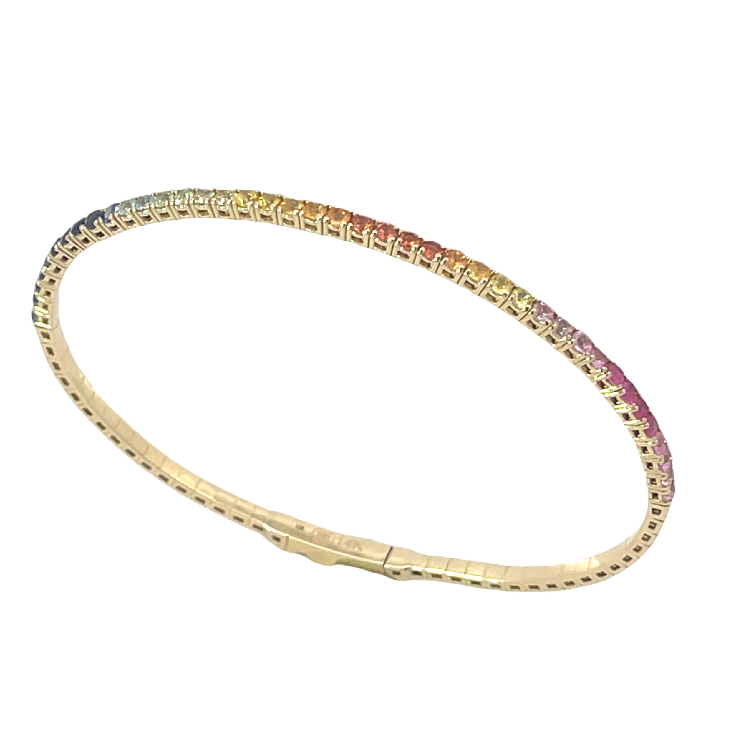 Designed with multicolored sapphires, this bracelet features a classic design with a playful twist that allows you versatility within your jewelry collection.-14k Yellow gold-Multicolored sapphires, 1.84ctsItem# 240-2000012 Multicolored Sapphire Flex Bracelet