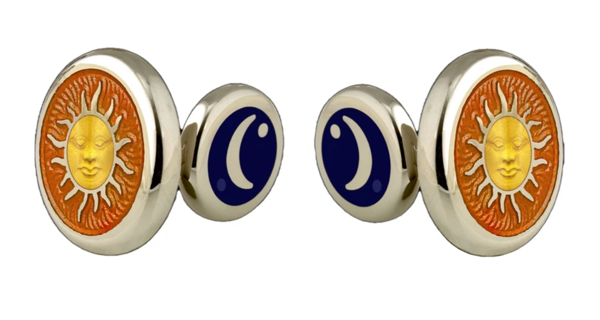 The Celestial Cufflinks, crafted in sterling silver with guilloché engraving and hot enamel, capture the grandeur of the heavens. Featuring blazing saffron, golden yellow, and midnight blue enamel, they are a striking homage to all things eternal.-Sterling Silver-EnamelItem# 800-2000037 Celestial Cufflinks