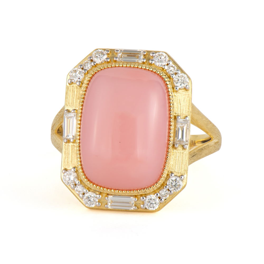 Combining classic elegance with on trend shapes and styles, JFJ offers something for women of all ages. From the Lisse Collection, transform your look with a piece that blend timeless elegance and modern versatility. Designed to stand out, this ring is the perfect statement piece.-18k Yellow gold-Pink opal-Round white diamonds-Baguette white diamondsItem# 809-2000062 Pink Opal And Diamond Ring