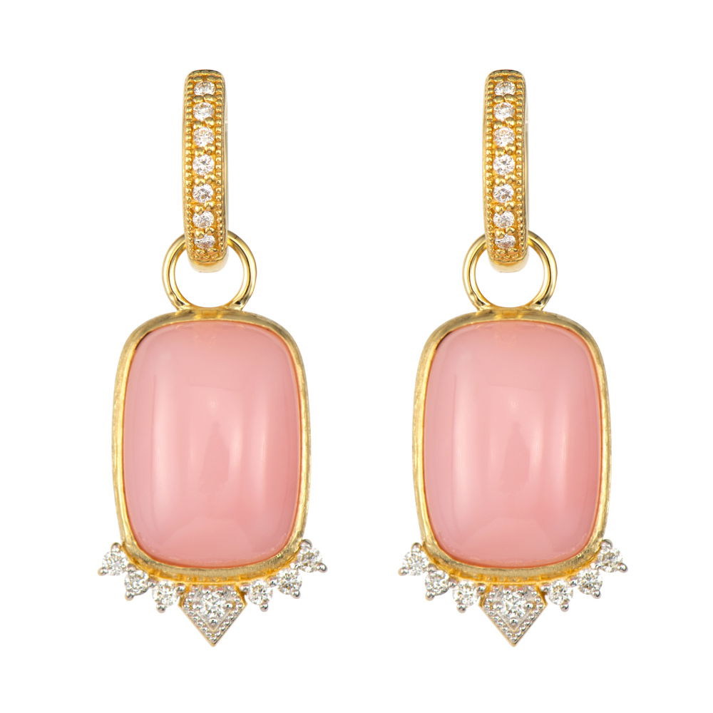 Combining classic elegance with on trend shapes and styles, JFJ offers something for women of all ages. From the Lisse Collection, transform your look with earring charms that blend timeless elegance and modern versatility. Designed to mix and match, these pieces let you create a style that's uniquely yours. Hoops and charms sold separately.-18k Yellow gold-Pink opals-Round white diamonds-Dimensions, 20mmItem# 809-2000062 Pink Opal Earring Charms