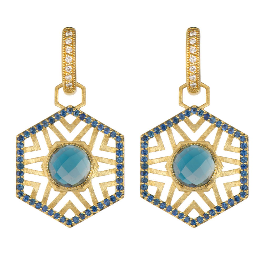 Combining classic elegance with on trend shapes and styles, JFJ offers something for women of all ages. From the Lisse Collection, make a statement with these medallion charms that combine classic artistry and contemporary design. Designed to complement any look, these pieces are perfect for every occasion. Hoops and charms sold separately. -18k Yellow gold-Round London blue topaz-Round blue sapphiresItem# 809-2000063 Hexagon Labyrinth Earrings