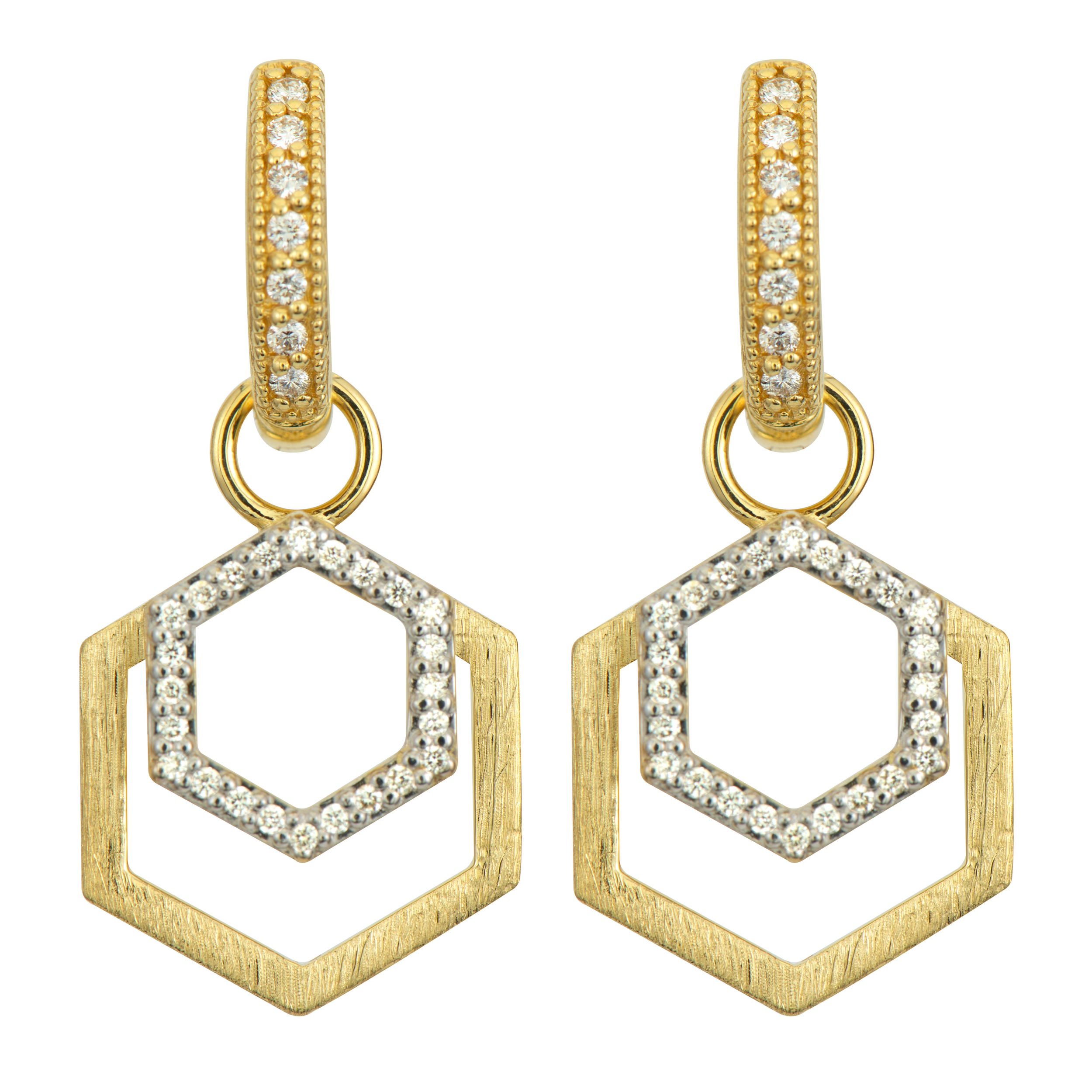 Combining classic elegance with on trend shapes and styles, JFJ offers something for women of all ages. Transform your look with earring charms that blend timeless elegance and modern versatility. Designed to mix and match, these pieces let you create a style that's uniquely yours. Hoops and charms sold separately.-18k Yellow gold-Round white diamonds, 0.18ctsItem# 809-2000065 Open Duo Earring Charms
