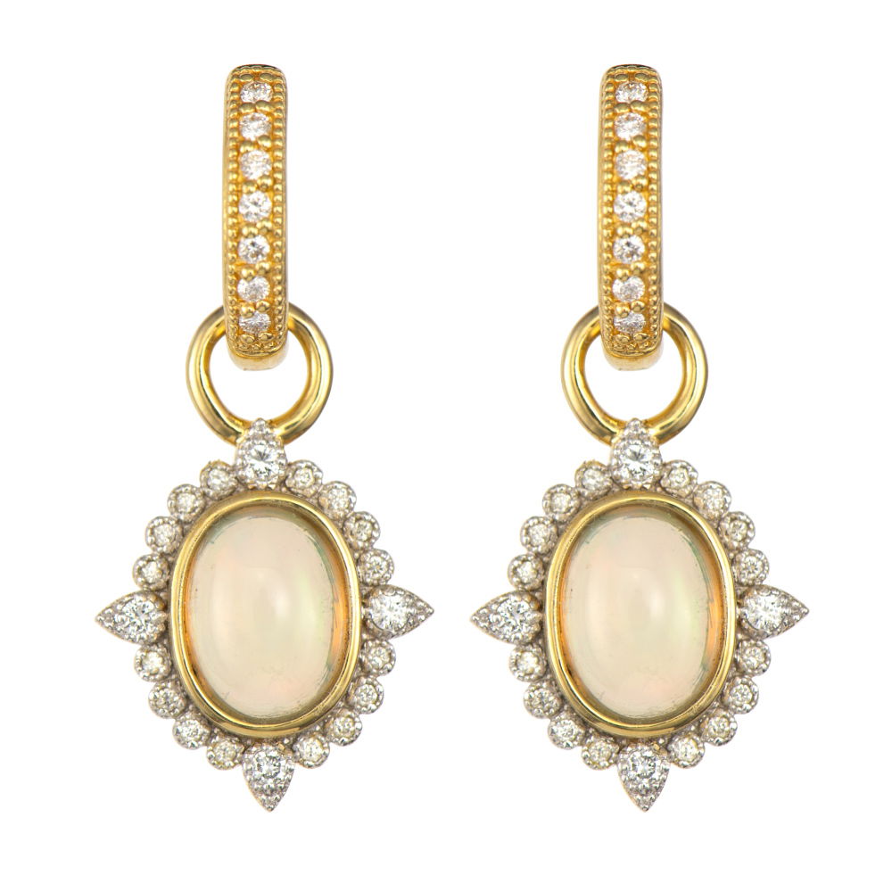Combining classic elegance with on trend shapes and styles, JFJ offers something for women of all ages. Transform your look with earring charms that blend timeless elegance and modern versatility. Designed to mix and match, these pieces let you create a style that's uniquely yours. Hoops and charms sold separately. -18k Yellow gold-Ethiopian opal-Round white diamondItem# 809-2000066 Ethiopian Opal and Diamond Charms