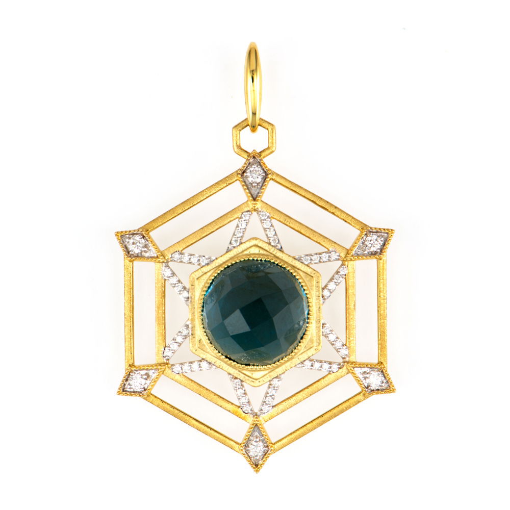 From the Lisse Collection, make a statement with a medallion that combines classic artistry and contemporary design. This versatile piece adds a meaningful touch to any look, perfect for layering or wearing solo.-18k Yellow gold-Round London blue topaz-Round white diamonds-Dimensions, 29.4mmItem# 806-2000125 Lisse Labyrinth Medallion
