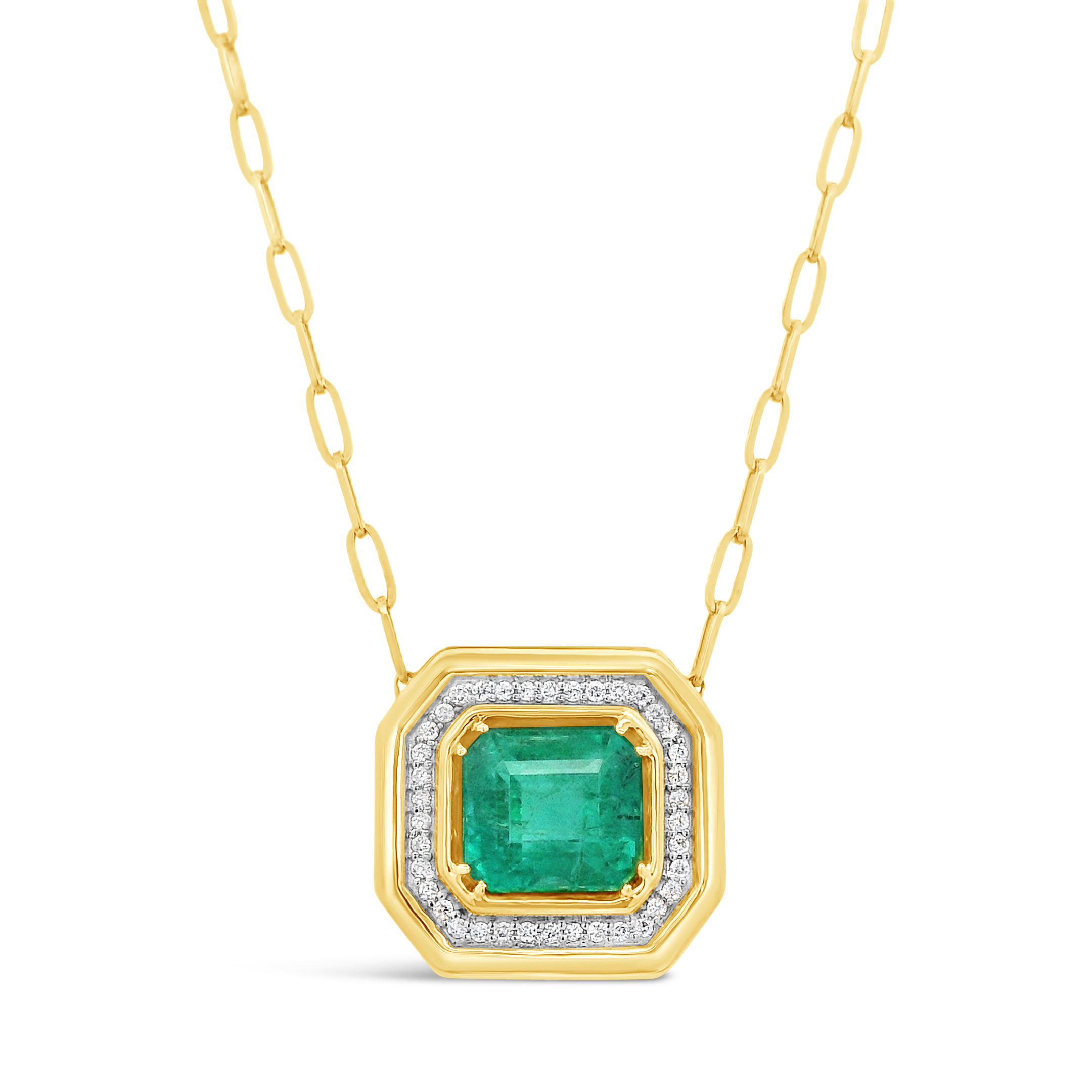 Showcasing a stunning emerald center stone surrounded by diamonds, this 14k yellow gold necklace is a true statement piece, perfect for any and all occasions.-14k Yellow gold-Round diamonds, 0.22ctsItem# 807-2000249 Emerald & Diamond Necklace