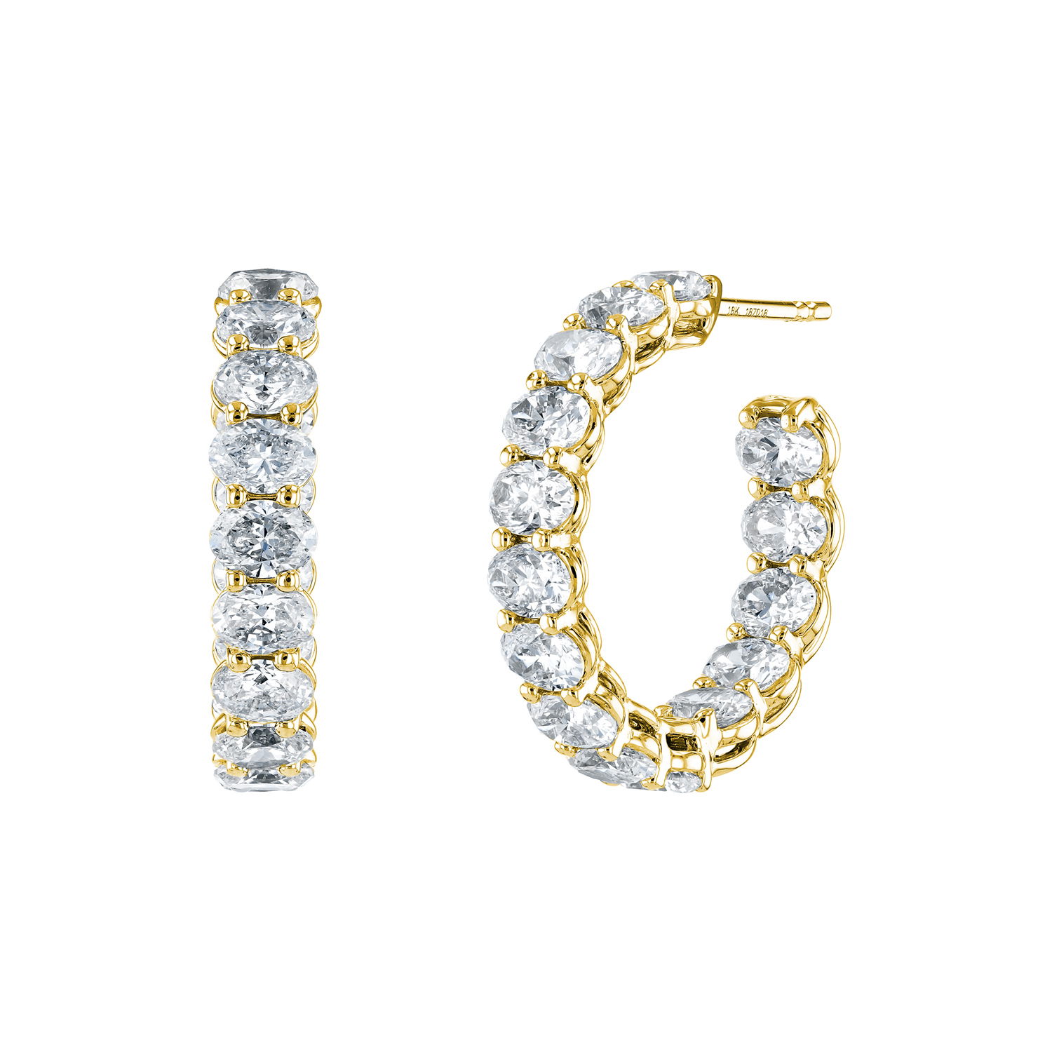 Elevate your elegance with our luxurious Oval Inside Out Hoops, masterfully crafted from premium 18k yellow gold. These stunning earrings redefine sophistication and timeless beauty, making them a perfect addition to any jewelry collection.The inside-out setting ensures that each radiant diamond is visible from every angle, delivering an unparalleled sparkle and brilliance. -18k Yellow gold-Oval diamonds, 5.33ctsItem# 150-2000063 Oval Inside Out Hoops