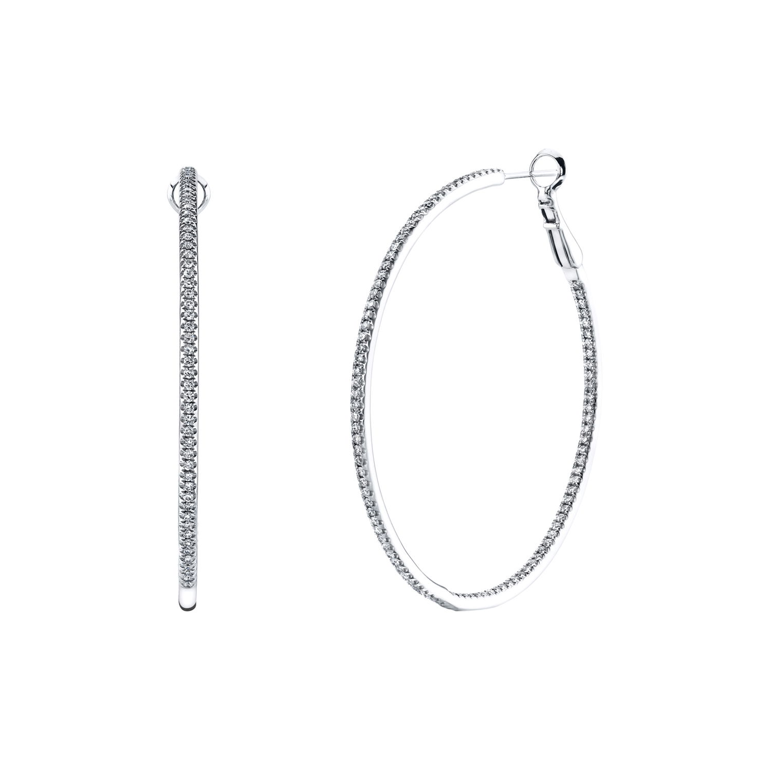 Elevate your elegance with these breathtaking Large Inside Out Hoops, expertly crafted in sophisticated 18k white gold. Designed to make a statement, these exquisite hoops feature a stunning display of brilliant white diamonds set both inside and out, ensuring they catch the light from every angle. -18k White gold-Round diamonds, 2.16ctsItem# 150-2000066 Large Inside Out Hoops