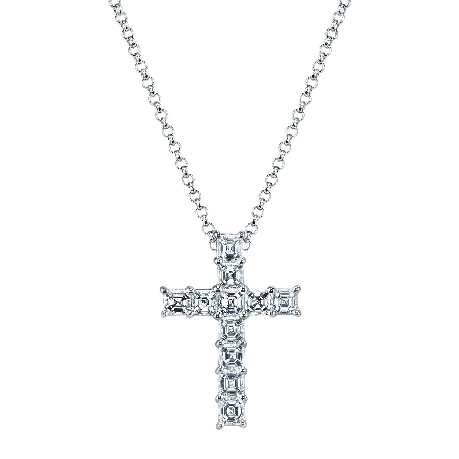 Crafted in 18k white gold, this cross necklace features Asscher-cut diamonds that reflect light from every angle. Clean lines and timeless sparkle give this piece a modern yet meaningful presence.-18k White gold-Asscher cut diamonds, 0.50ctsItem# 165-2000033 Asscher Cut Cross Pendant
