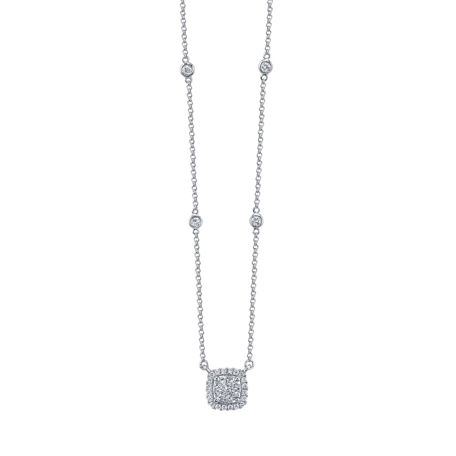 This elegant necklace featuring a diamonds-by-the-yard chain adorned with a cushion cut diamond is perfect for daily wear or special occasions! -18k White Gold-Round diamonds, 0.35cts-Length 16-18" on adjustable chainItem# 165-2000035 Cushion Halo Pendant