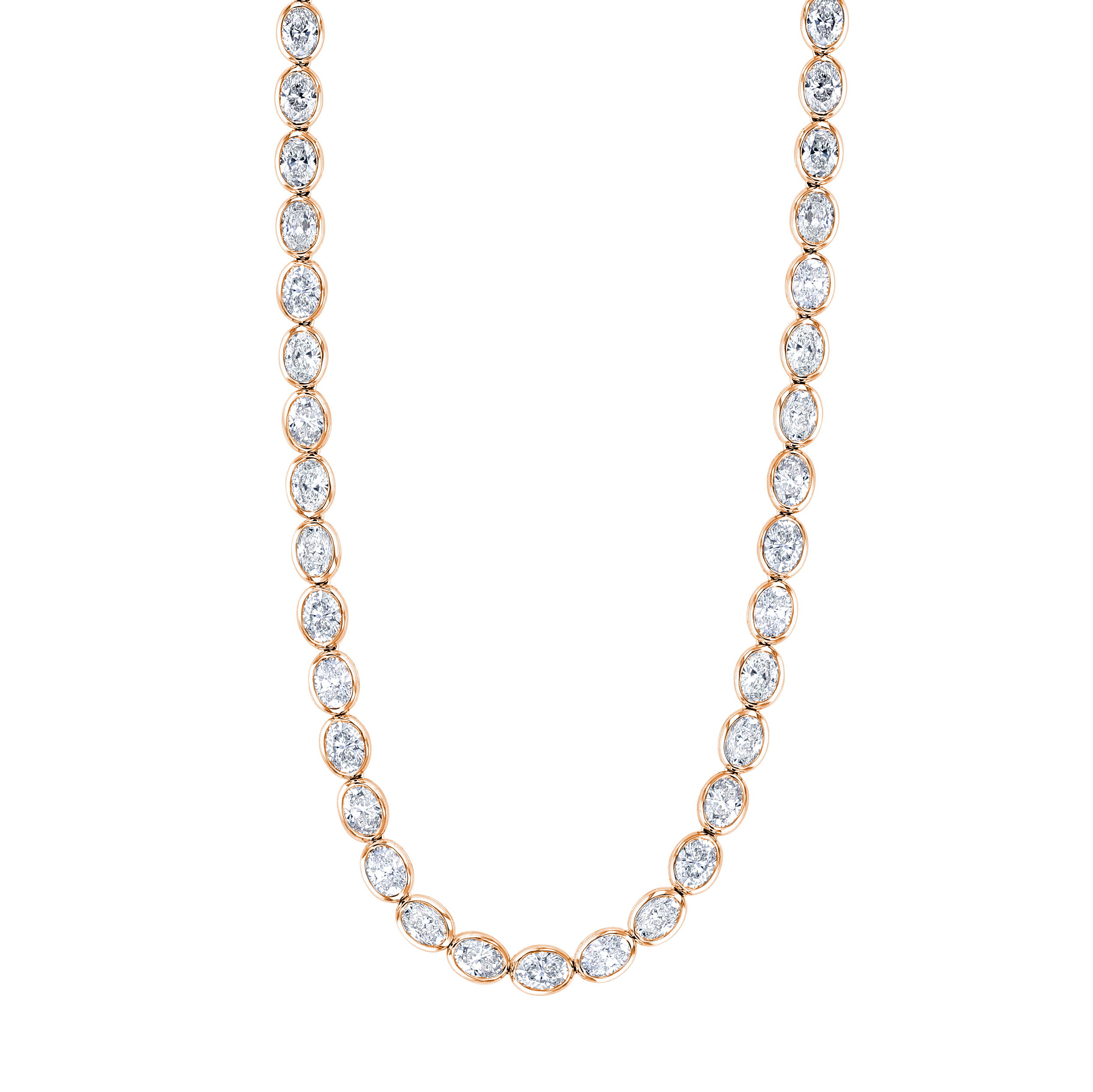 This rose gold necklace features a sleek line of polished oval diamonds set in bezels, creating a refined silhouette with subtle shine. Its minimal design makes it perfect for layering or wearing solo as an everyday staple.18k Rose gold-Oval diamonds, 8.06ctsItem# 165-2000036 Oval Line Necklace