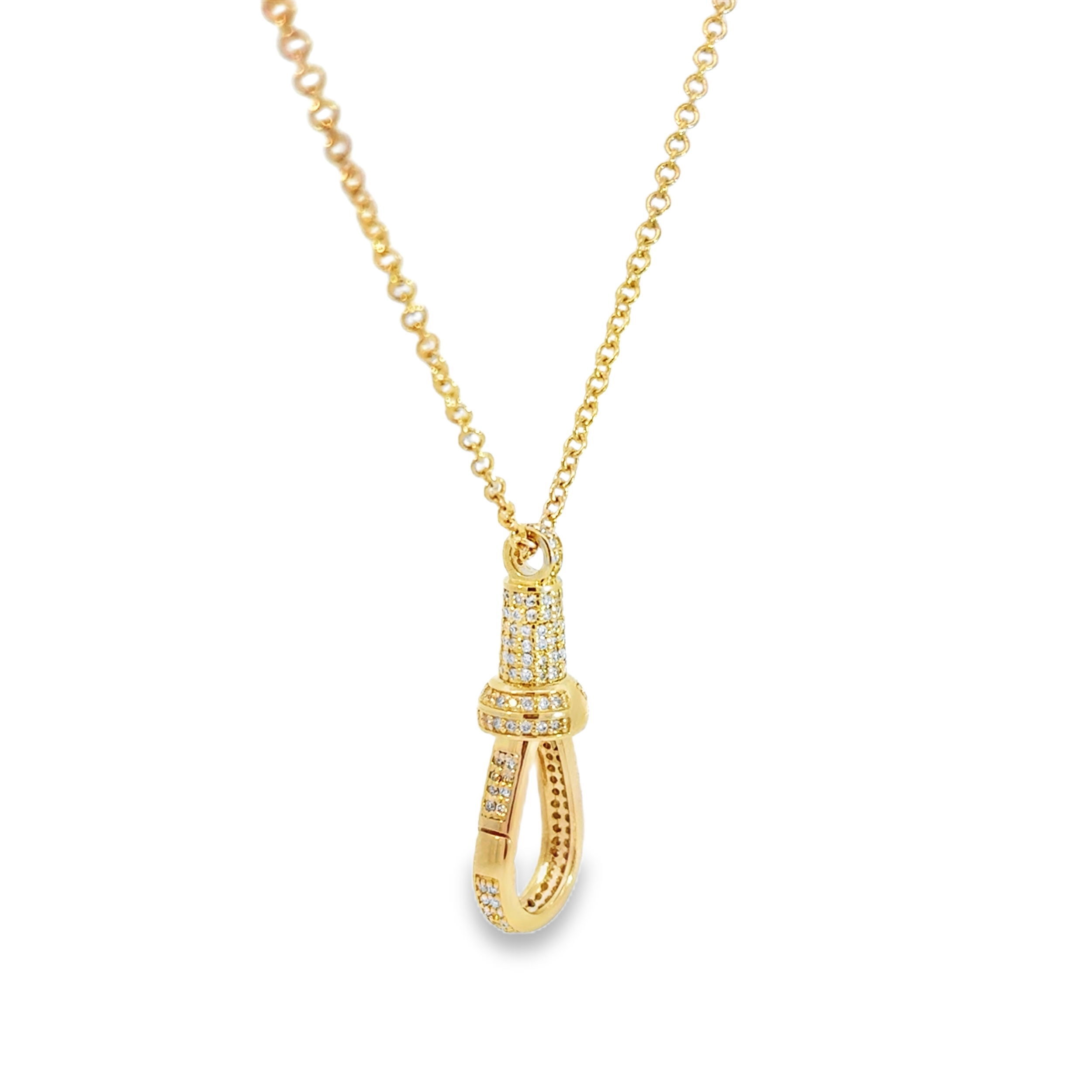 This necklace features a striking, uniquely designed clasp crafted in warm 14k yellow gold. Sparkling diamonds subtly enhance this bold and captivating statement piece.-14k Yellow gold-Chain length 24", jump loops at 20" and 22"-Diamonds, 0.30ctsItem# 807-2000253 Diamond Clasp Necklace