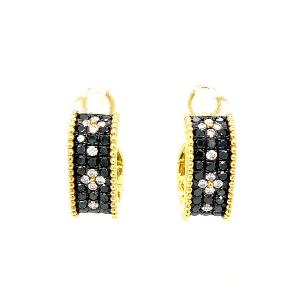 Elevate your style with these black and white diamond hoops. Featuring a timeless quatrefoil silhouette, the contrast of brilliant white and bold black diamonds creates a strikingly modern and perfectly balanced classic but contemporary look.-14k Yellow gold-Round diamonds, -Round black diamonds, Item# 805-2000385 Black & White Diamond Quatrefoil Hoops
