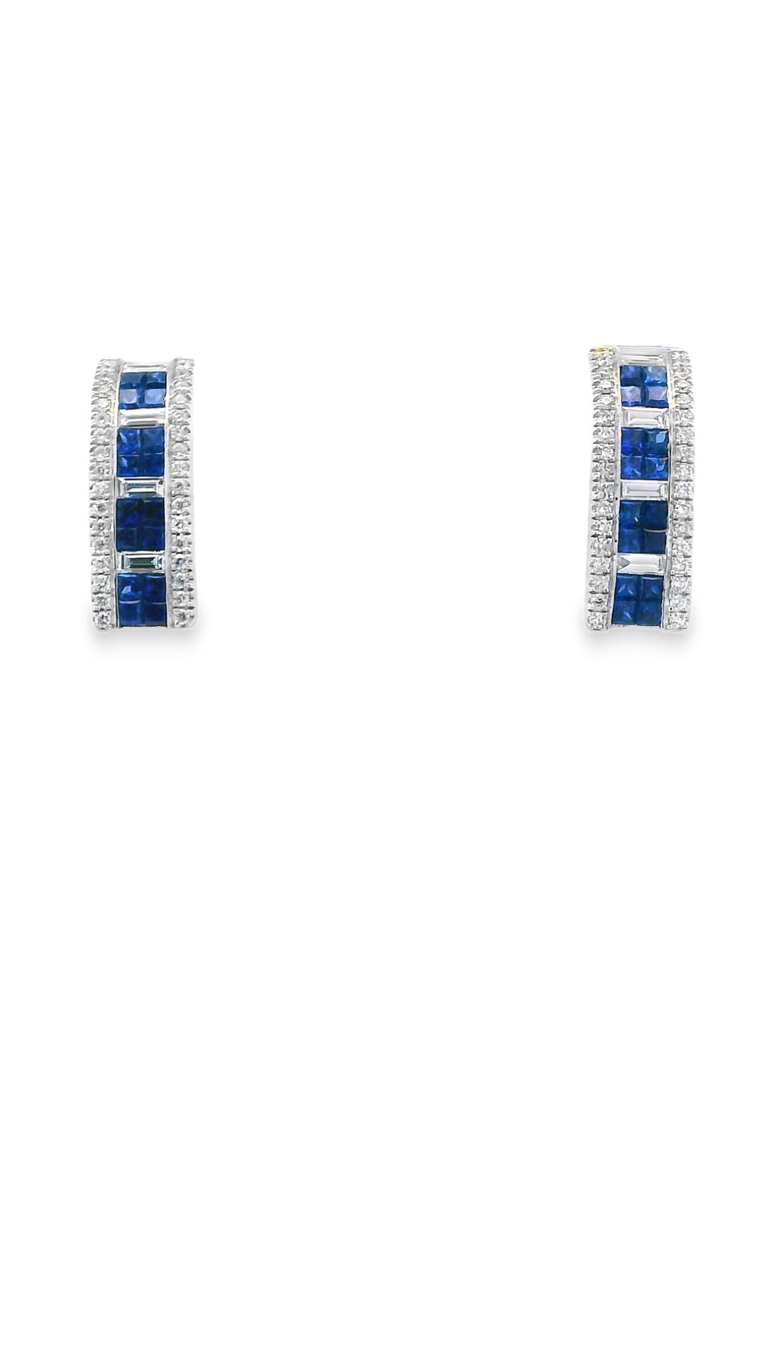 These lever back half hoops feature a striking combination of sapphires and diamonds, offering timeless elegance with a touch of color. The secure lever back design ensures comfort and ease for everyday wear, while the gemstones add refined sparkle and sophistication.-18k White gold-Square blue sapphires, 2.00cts-Round and Baguette diamonds, 0.49ctsItem# 805-20000386 Sapphire & Diamond Half Hoops