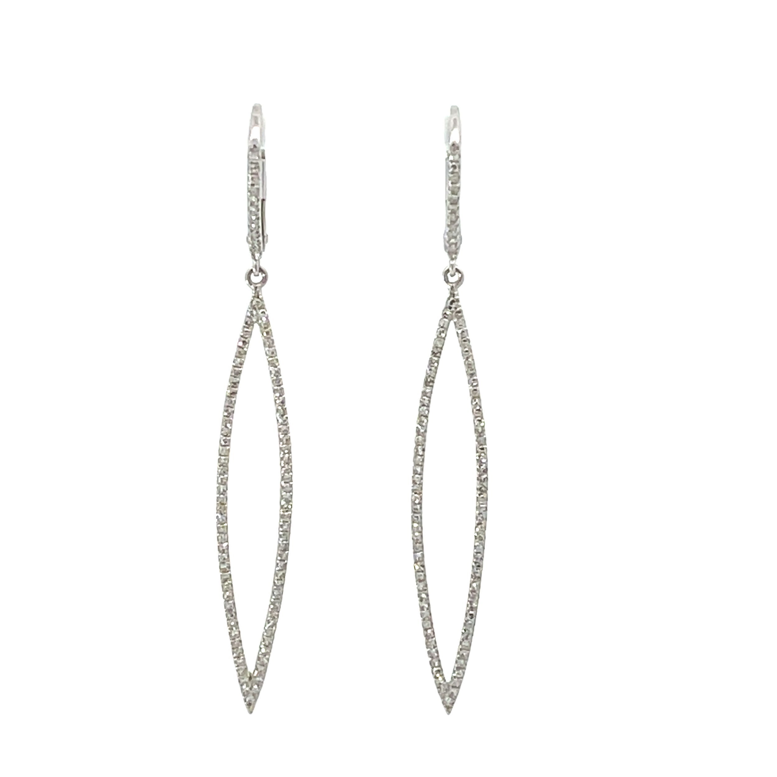 These stunning marquise-shaped earrings are crafted from 14k white gold diamonds, creating a timeless and sophisticated look. Elevate your style and make a statement with these exquisite earrings.-14k White gold-Round diamonds, 0.41ctsItem# 805-2000392 Open Marquise Shape Dangles