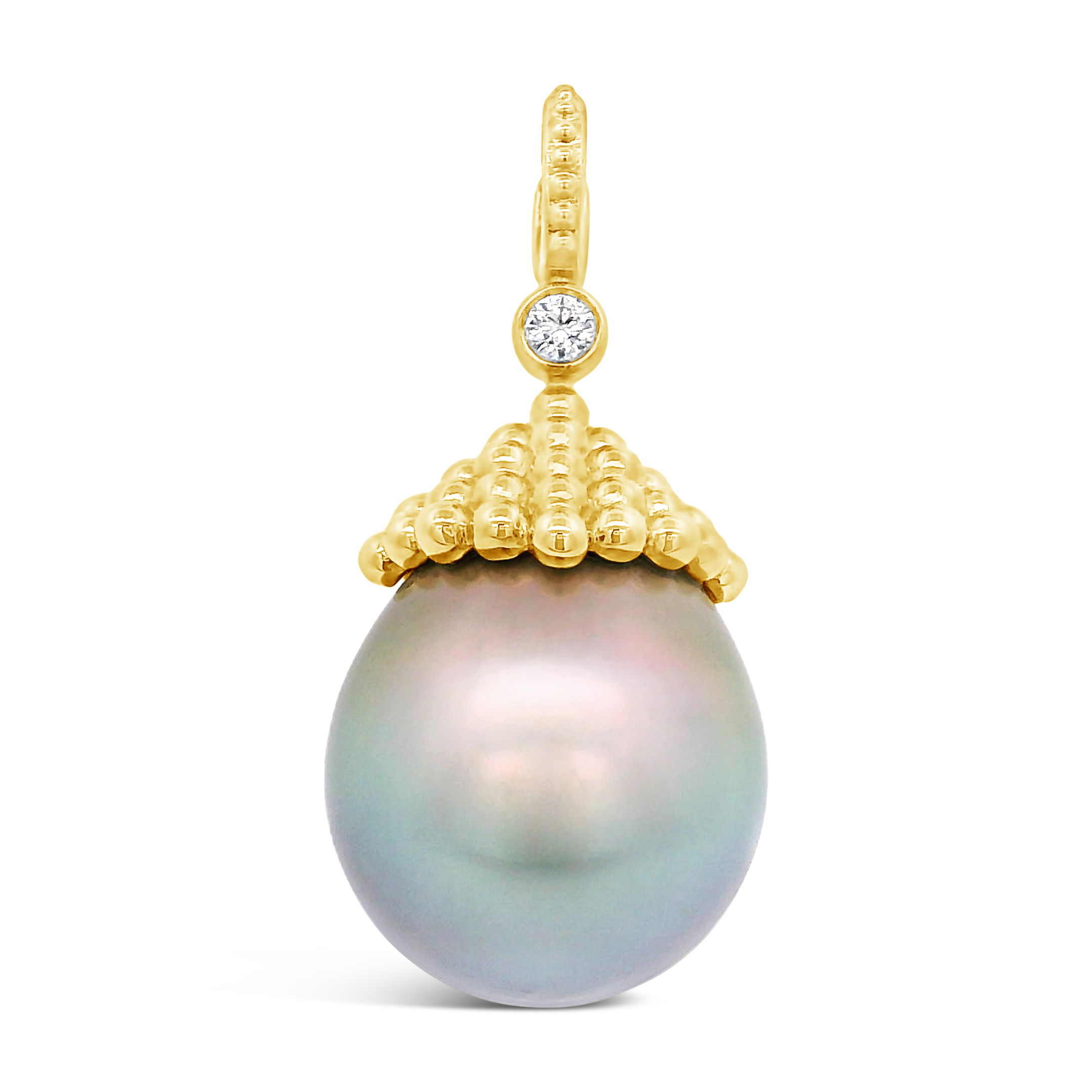 This Tahitian pearl pendant, set in 18k yellow gold, highlights the pearl’s deep, natural luster. Pair with a convertible wrap necklace for added style and versatility. Convertible wrap necklace sold separately.-18k Yellow gold-Tahitian pearl-Diamonds, 0.06ctItem# ND-PD-00005 Pearl Pendant