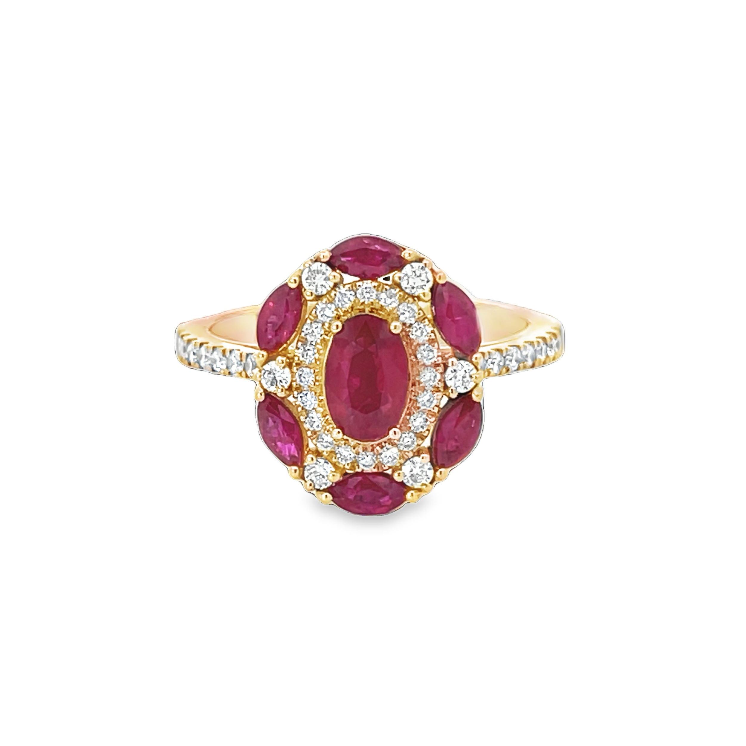 This ring features vibrant red rubies elegantly set alongside shimmering diamonds, creating a striking contrast of color and brilliance. A timeless and sophisticated design, perfect for adding a touch of luxury to any collection.-18k Rose gold-Oval red rubies, 1.09cts-Round diamonds, 0.32cts-Size 6.25, Contact for sizing optionsItem# 200-2000111 Ruby & Diamond Ring
