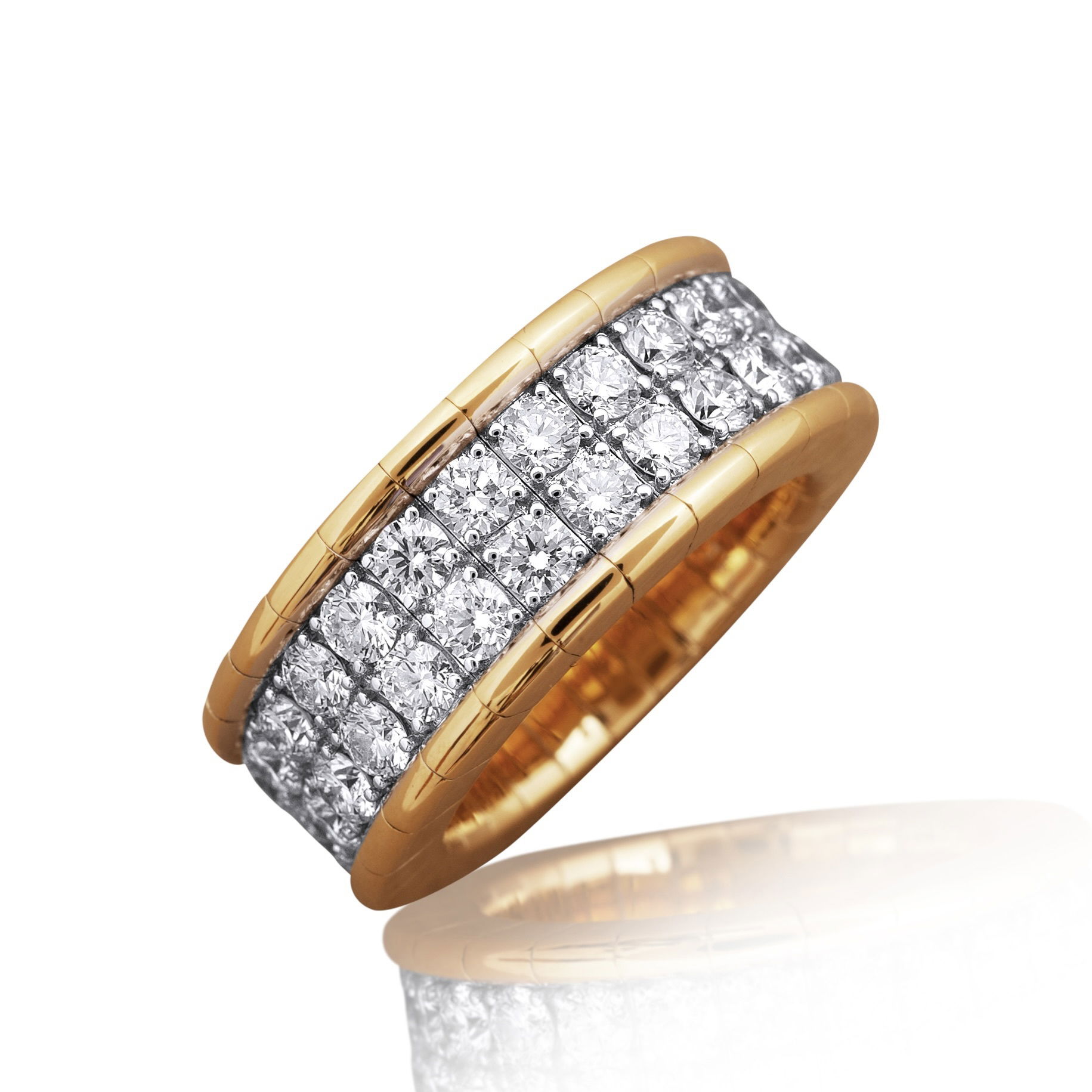 The Xpandable Collection is a revolutionary new line of rings and bracelets that features an innovative technology that solves the problems of tailoring and comfort.-18k Yellow gold-Round Dimaonds, 4.07cts-Expandable Size, Contact for sizing optionsItem# 130-2000033 Xpandable Two Row Band