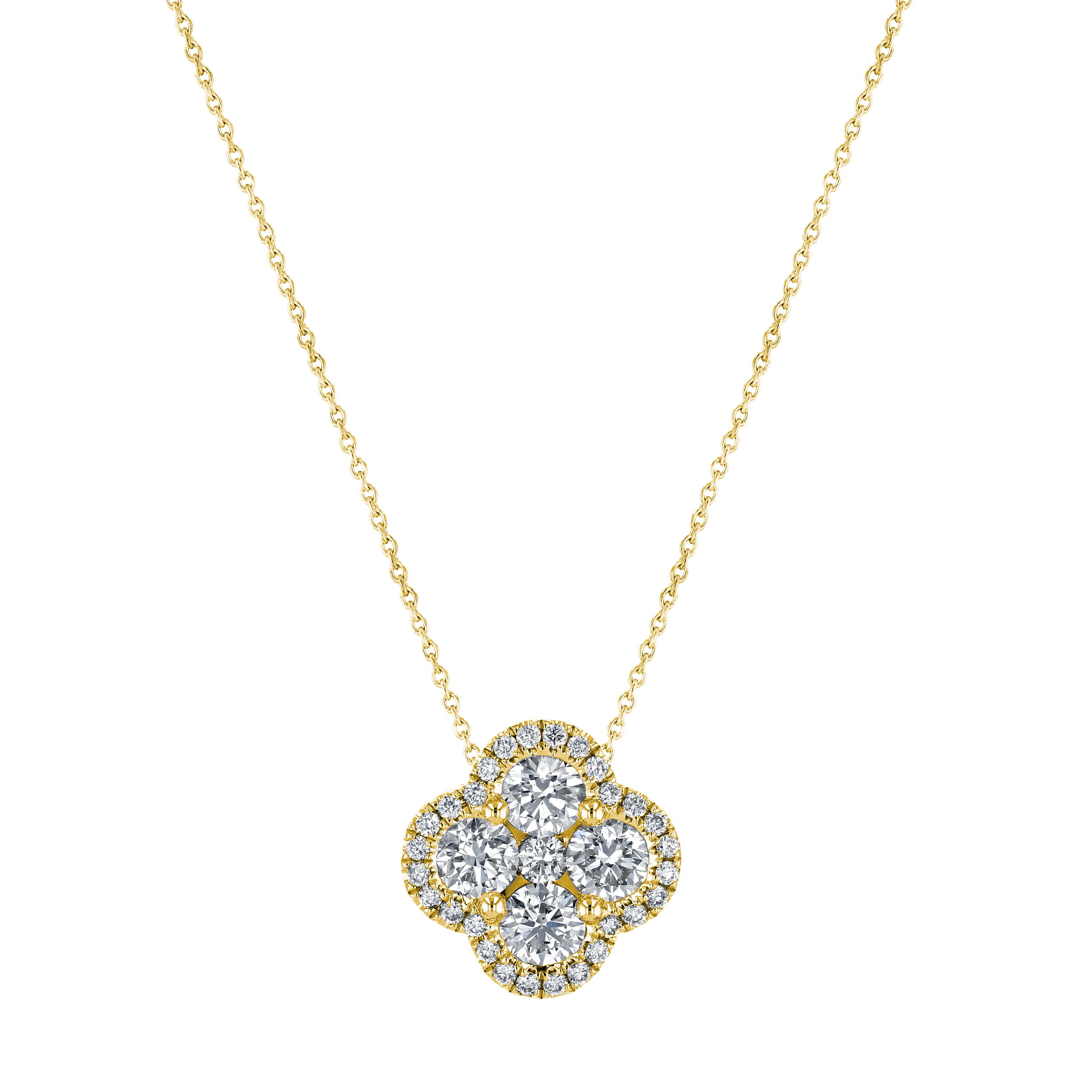 This diamond clover pendant hangs from a simple gold chain—easy to wear every day, but special enough to catch the eye. It adds just the right amount of shine without trying too hard.-18k Yellow gold-Round Diamonds, 1.49cts-Length 16"Item# 807-2000258 Diamond Clover Necklace