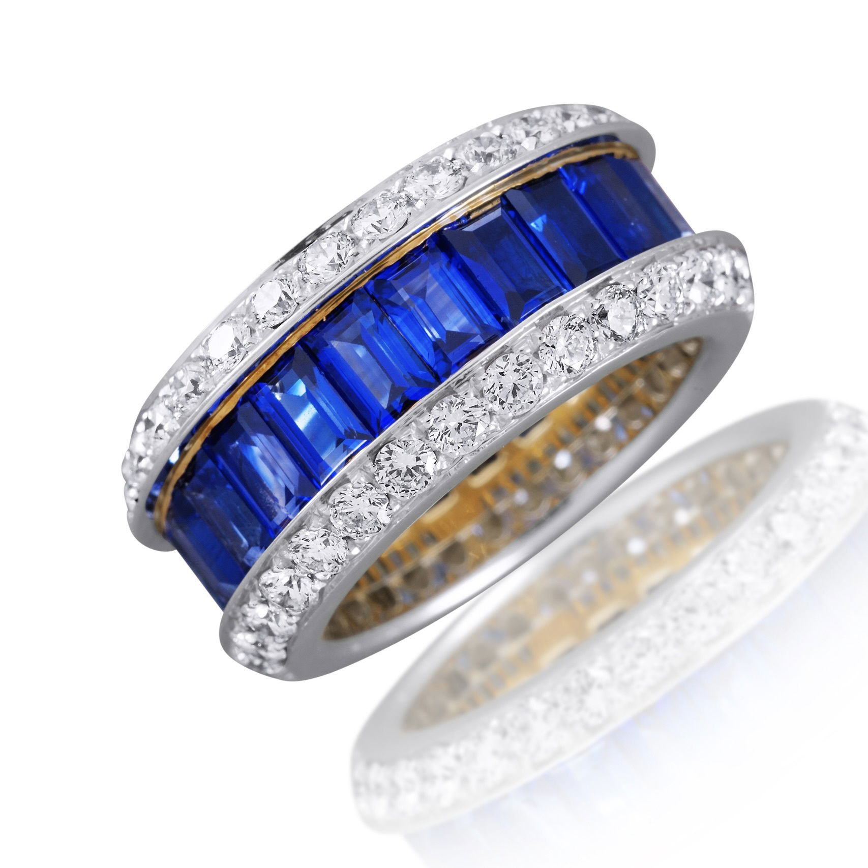 The Xpandable Collection is a revolutionary new line of rings and bracelets that features an innovative technology that solves the problems of tailoring and comfort.-18k White gold-Round diamonds, 2.00cts-Princess Cut Blue Sapphires, 6.92cts-Expandable Size, Contact for sizing optionsItem# 200-2000113 Sapphire & Diamond Band