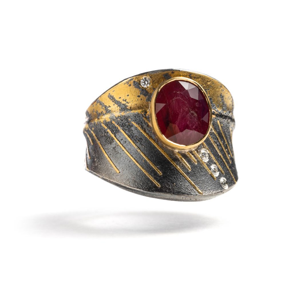 With inspiration rooted in natural structures and growth patterns, Peter Schmid finds his muse within nature and urban environments themselves. Showcasing a unique approach to jewelry design, the world of Atelier Zobel boasts creativity and inspiration within every piece. -24k Yellow gold-Sterling silver-Ruby, 2.16ct-Round diamonds, 0.04ctsItem# 804-2000222 Ruby Ring