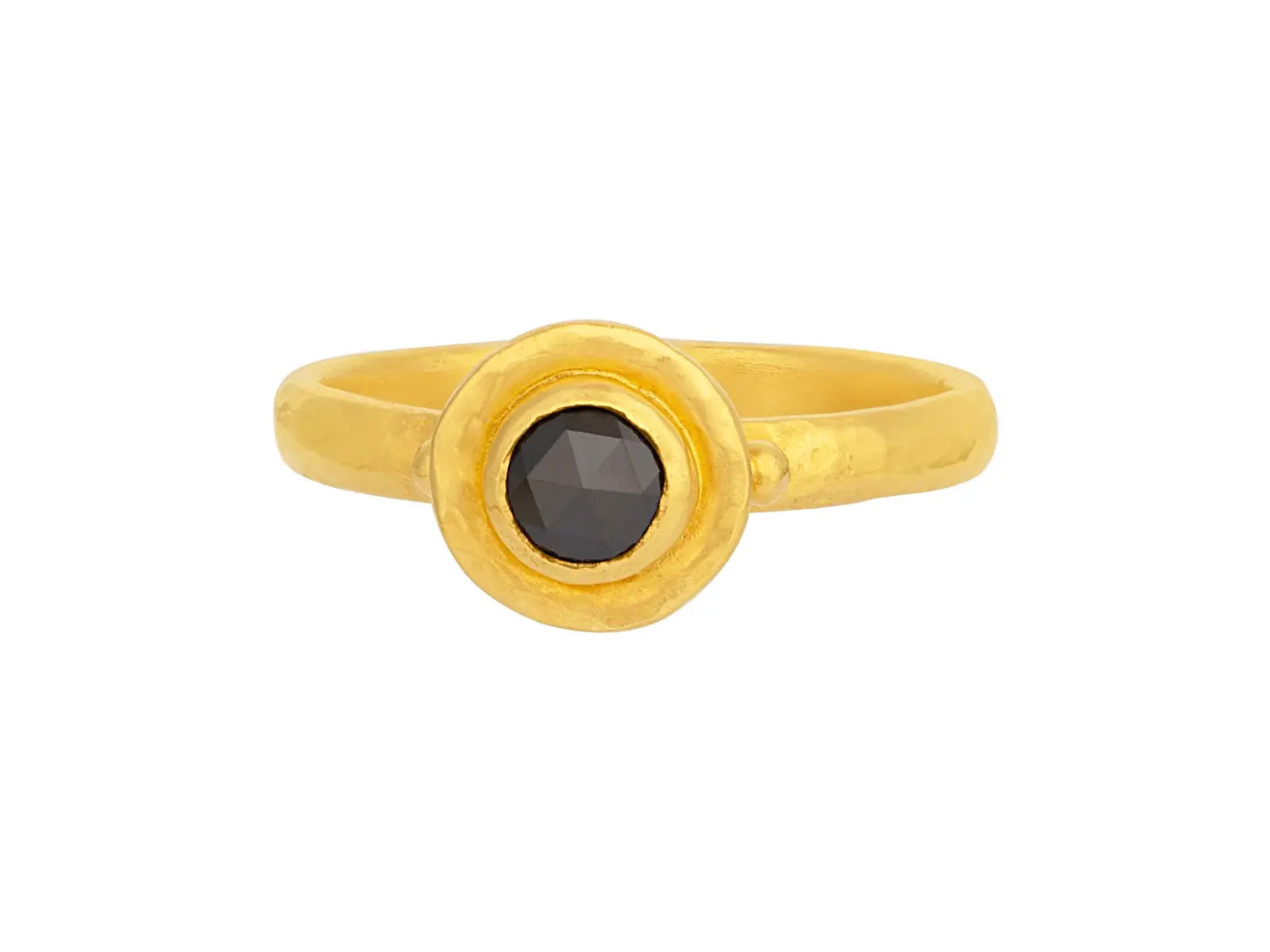 This 24k yellow gold stacking ring features a rose-cut black diamond set in a bold wide frame. Its distinctive design makes it a striking addition to any ring stack.-24k Yellow gold-Black diamond, 0.42ct-Size 6.5Item# 804-2000224 Rose Cut Black Diamond Ring