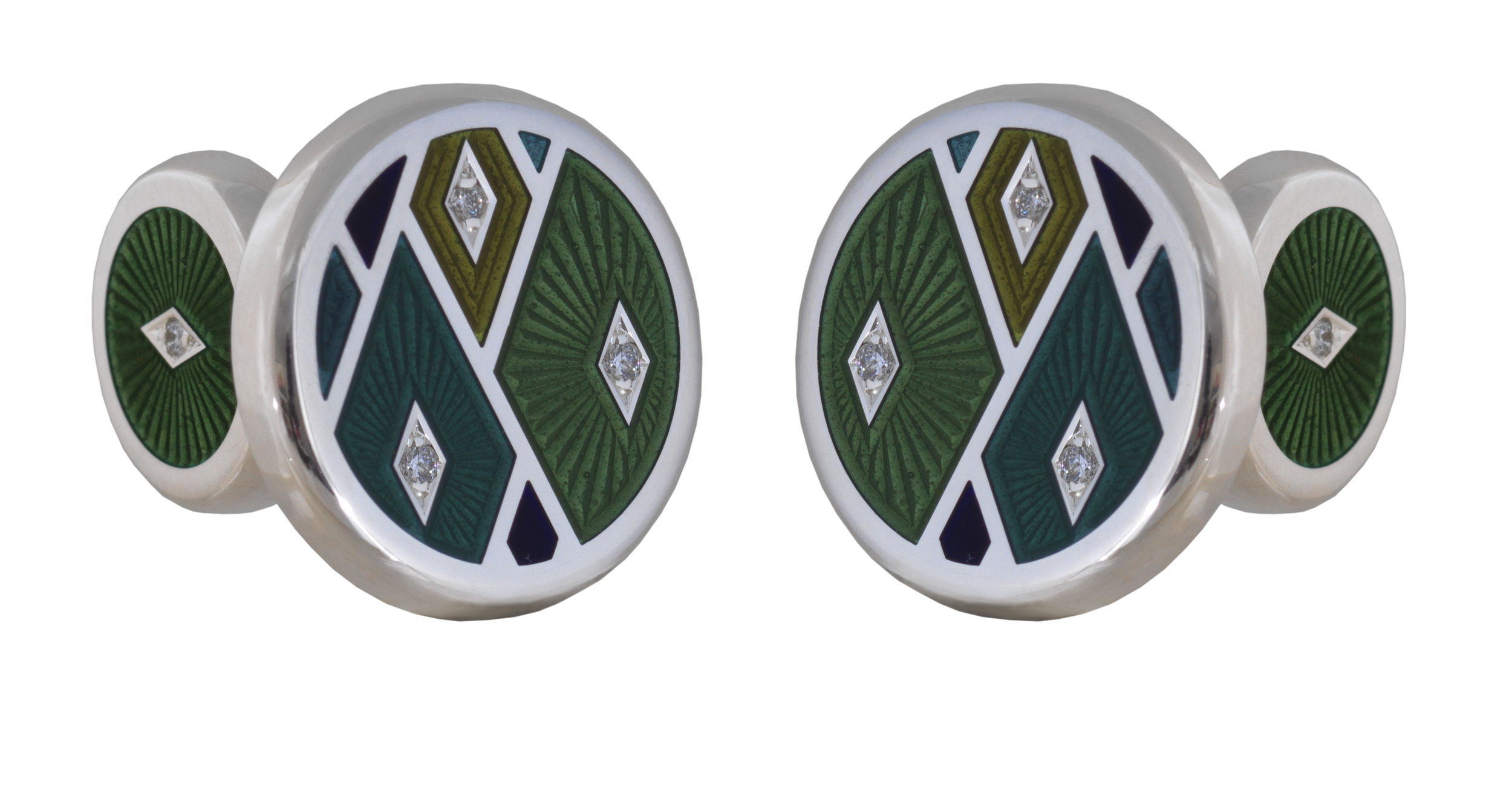 Featuring olive green enamel set in Sterling Silver, the Harlequin Cufflinks are an elegant homage to the third cast member of the Italian Commedia dell'arte who steals the heart of Pierrette. Following their writing instrument alternative, each Harlequin piece is set with three diamonds, one for each member. -Sterling Silver-Enamel-3 Round Diamonds, 0.048cts-item# 800-2000040 Harlequin Cuff Links in Olive