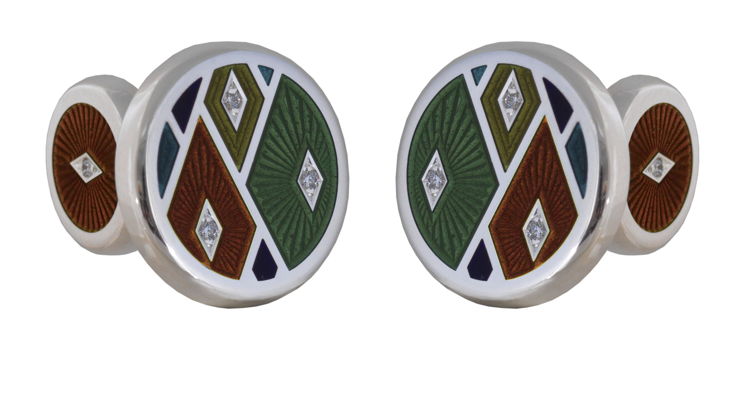 Featuring black onyx enamel set in Sterling Silver, the Harlequin Cufflinks are an elegant homage to the third cast member of the Italian Commedia dell'arte who steals the heart of Pierrette. Following their writing instrument alternative, each Harlequin piece is set with three diamonds, one for each member. -Sterling Silver-Enamel-3 Round Diamonds, 0.048cts-item# 800-2000042 Harelquin Cufflinks Liquid Coffee with Diamonds