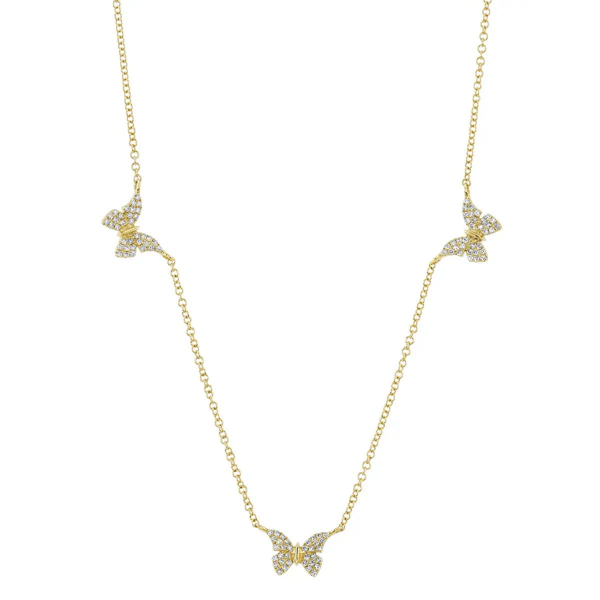 Symbolizing transformation and hope, this gold butterfly necklace is composed of sparkling diamonds. Wear this lovely piece next to your heart for an instant mood boost.-14k Yellow gold-Three diamond butterflies-Round brilliant cut diamonds, 0.23cts-Length at 15",16",17",18" on adjustable chain Item# 807-2000266 Triple Butterfly Necklace