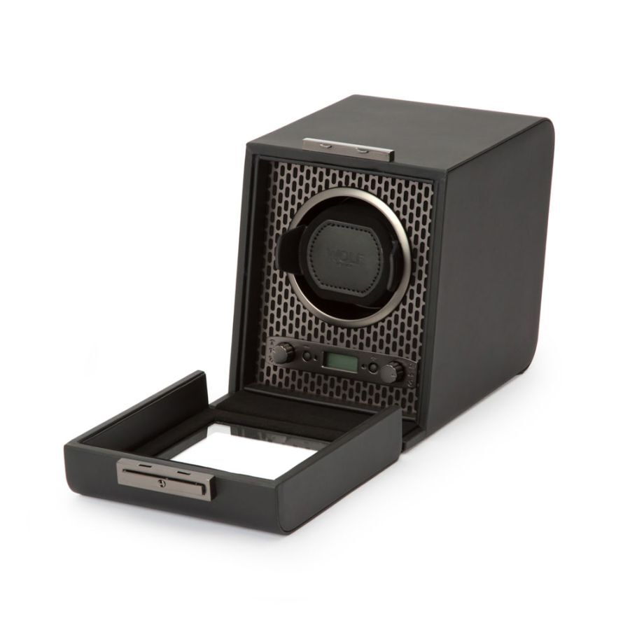Wolf's Axis single watch winder comes in a sleek modern black powder coat finish, the perfect gift to show off a favorite timepiece. The winding mechanism will ensure that your watch is charged up and ready to tick at all times.-Powder coat-Item# 799-98000107 Single Watch Winder