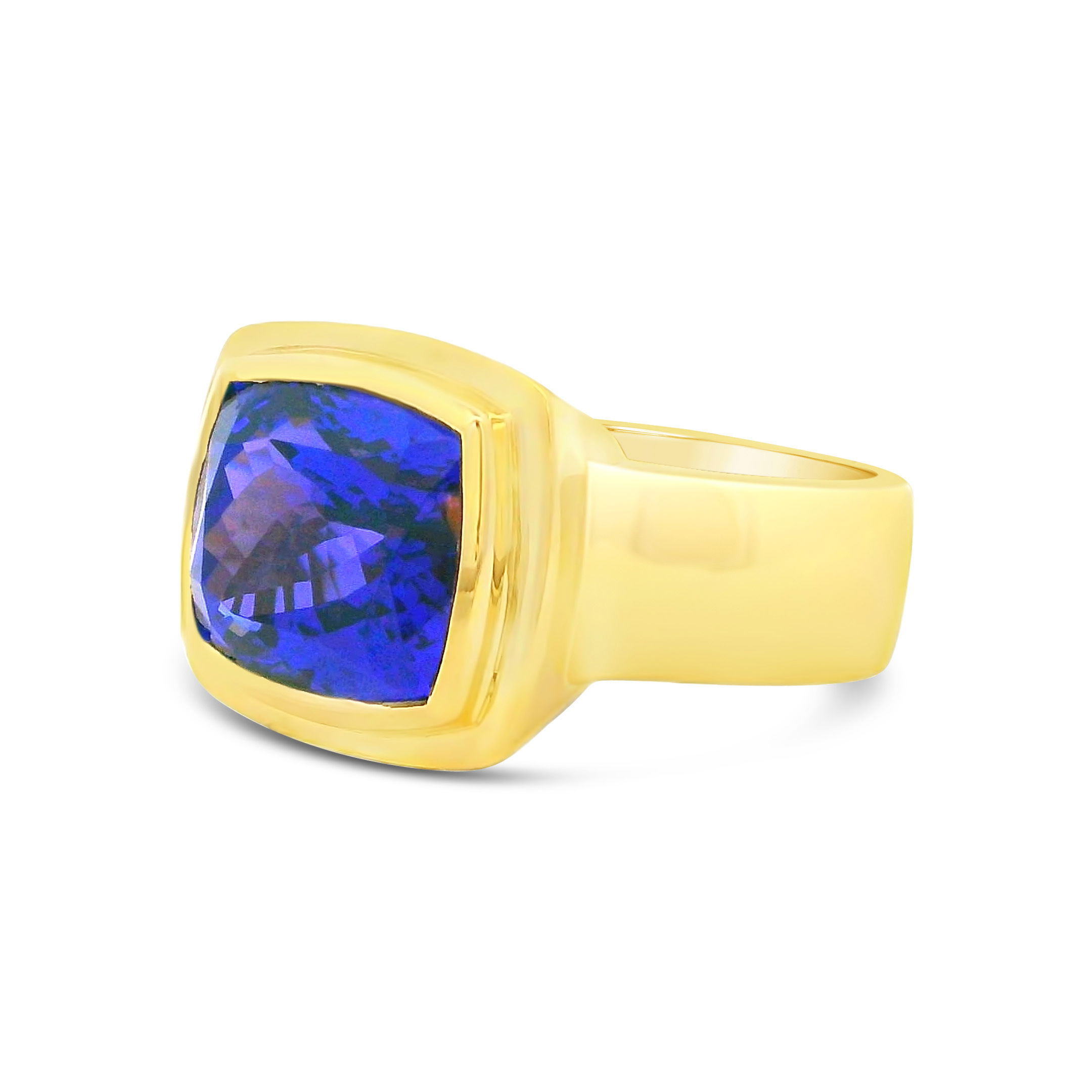 This 18k yellow gold tanzanite ring showcases the stone’s rich blue-violet hue. A perfect statement piece, it adds a touch of elegance to any outfit.-18k Yellow gold-Tanzanite, 10.84ct-Size 7Item# ND-Ring-00014 Twilight Ring