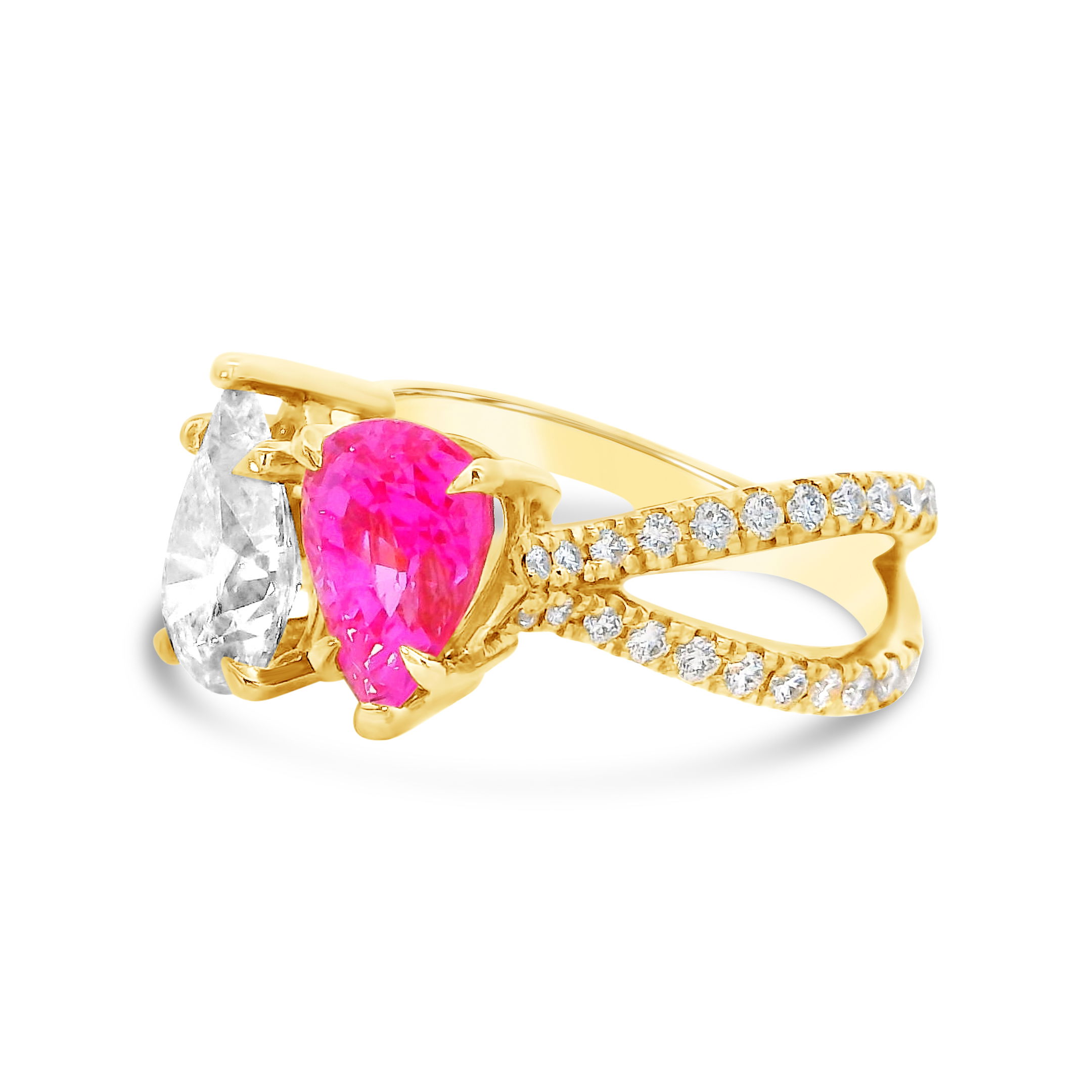 This 18k yellow gold ring features natural pink sapphires and diamonds in a stunning moi et toi design. A timeless symbol of balance and connection, it’s perfect for any occasion.-18k Yellow gold-Natural pink sapphire, 1.95cts-Diamonds, HSI2, 1.19ctsItem# ND-Ring-00016 Pink Moi et Toi Ring