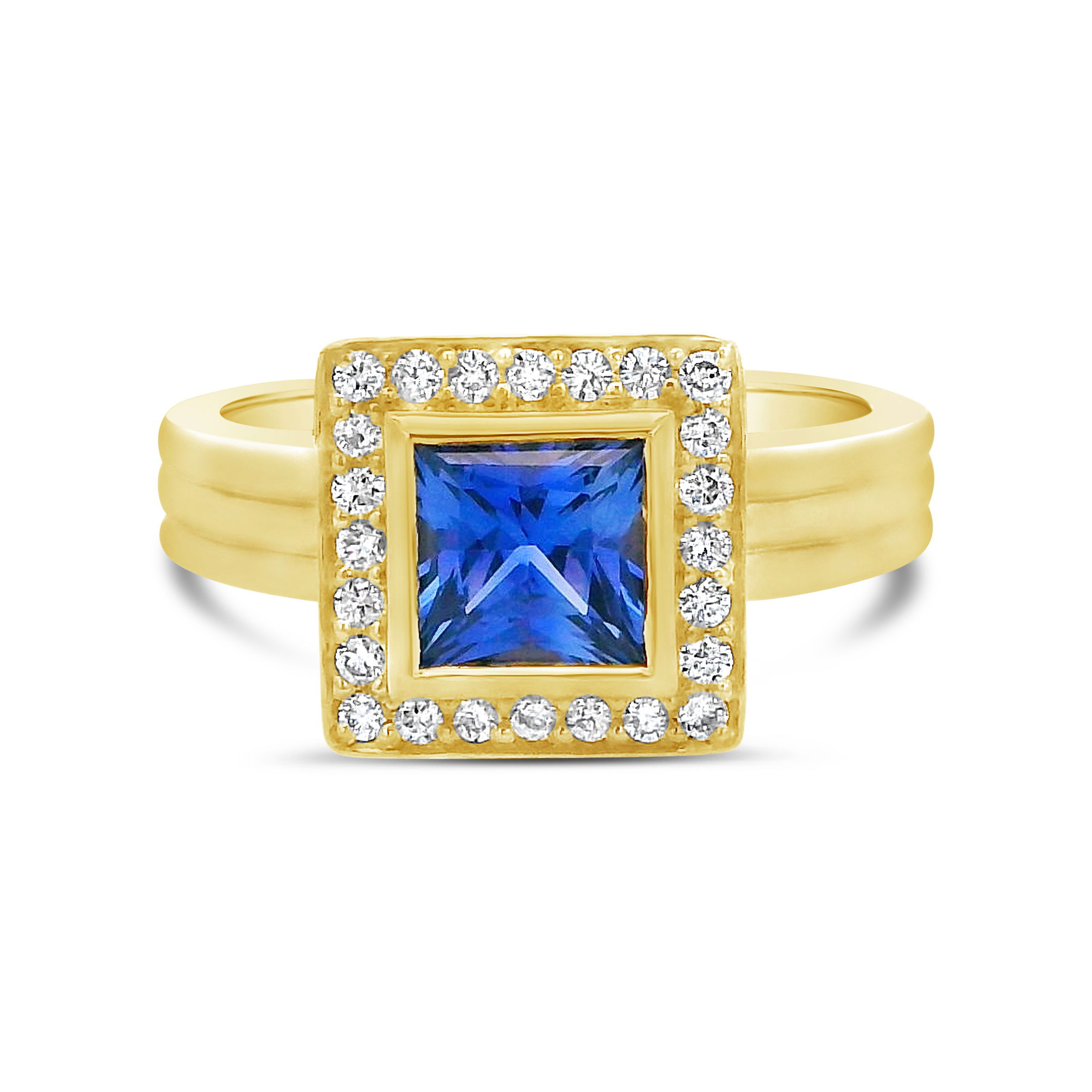 The Blue Rhapsody Ring features a vivid blue sapphire framed by sparkling diamonds in 18k yellow gold. A bold and elegant piece for any occasion.-18k Yellow gold-Blue sapphire, 1.34cts-Diamonds, 0.24ctsItem# ND-Ring-00017 Blue Rhapsody Ring