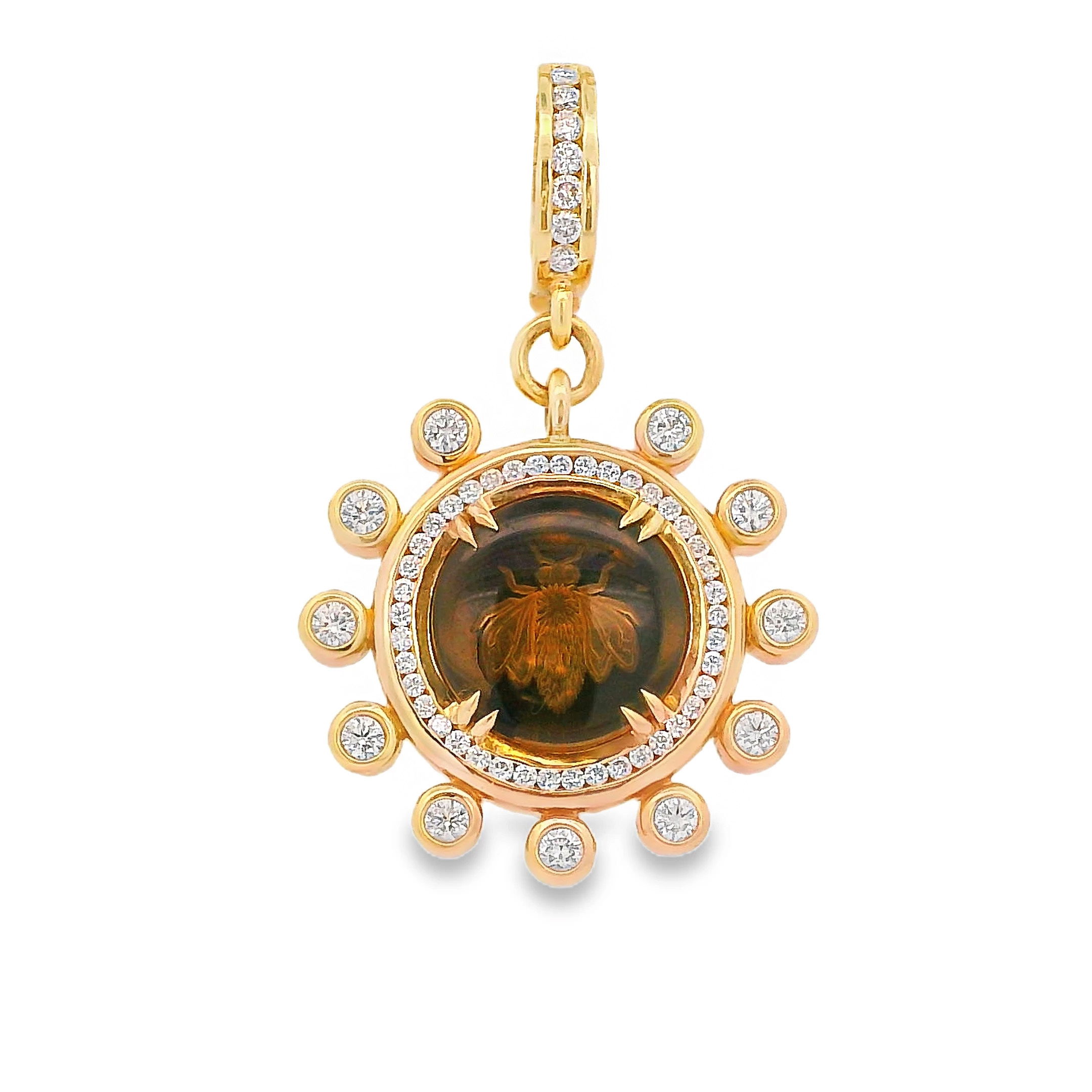 The Black Obsidian Intaglio Bee Pendant features a bee design set in 14k yellow gold and accented with diamonds. A bold and unique piece that symbolizes hard work and elegance-14k Yellow gold-Diamonds, 0.64cts-Quartz and obsidian doubletItem# 806-2000142 Black Obsidian Intaglio Bee Pendant