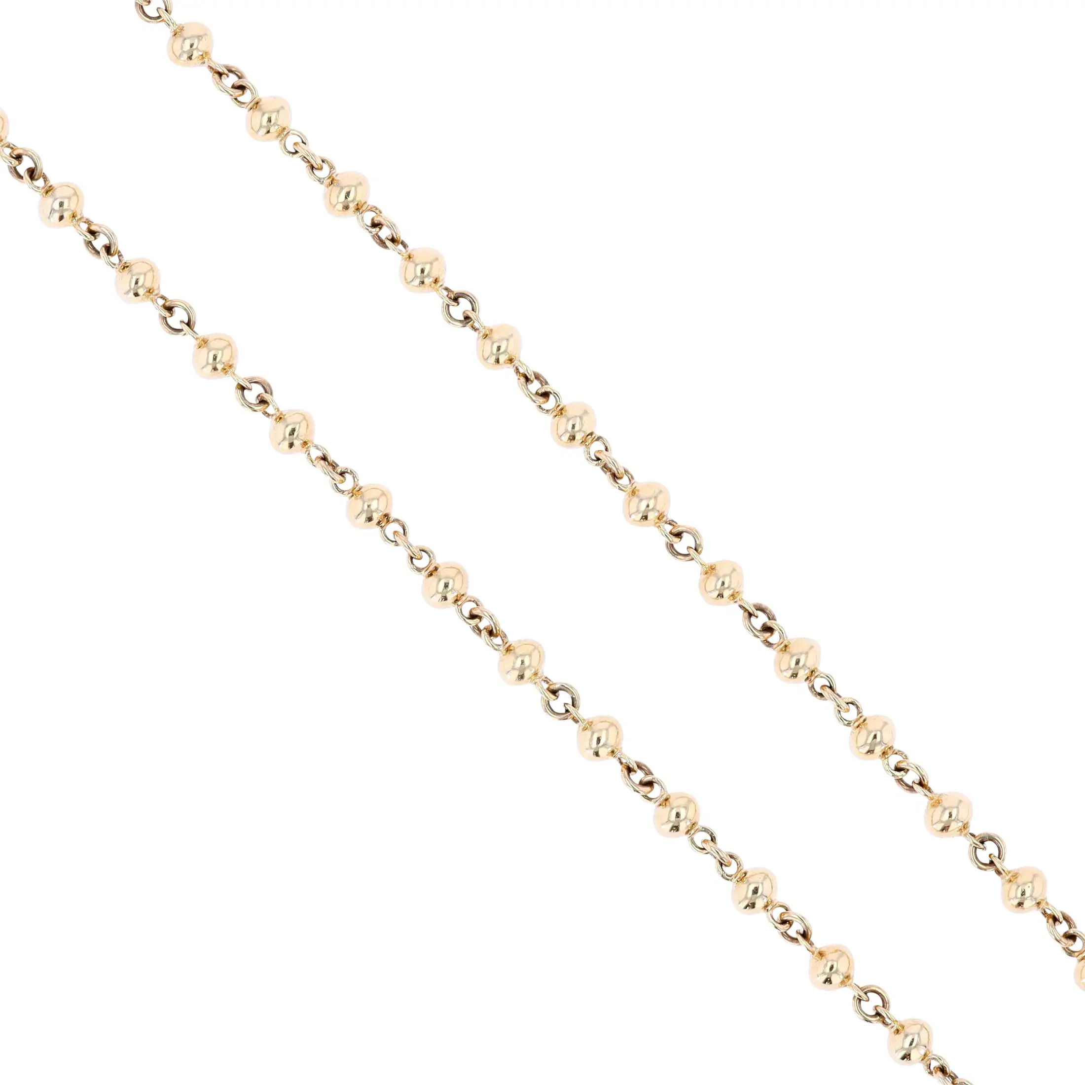 This gold sphere chain necklace features smooth, polished spheres for a sleek and modern look. Perfect for layering or wearing solo, it adds a touch of elegance to any outfit. Pair with a pendant for extra style.-14k Yellow gold-Length 17.50"Item# 807-2000273 Gold Sphere Chain Necklace