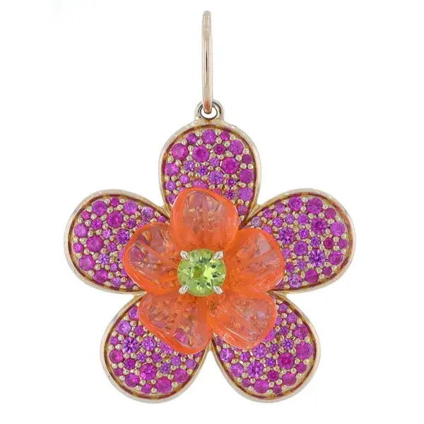 This 14k yellow gold pendant features a vibrant mandarin garnet flower, with delicate peridot and pink sapphire petals. A stunning combination of colors that blooms with elegance and charm.-Peridot, 0.28cts-Pink sapphire, 1.37ctsItem# 806-2000143 Mandarin Garnet Flower