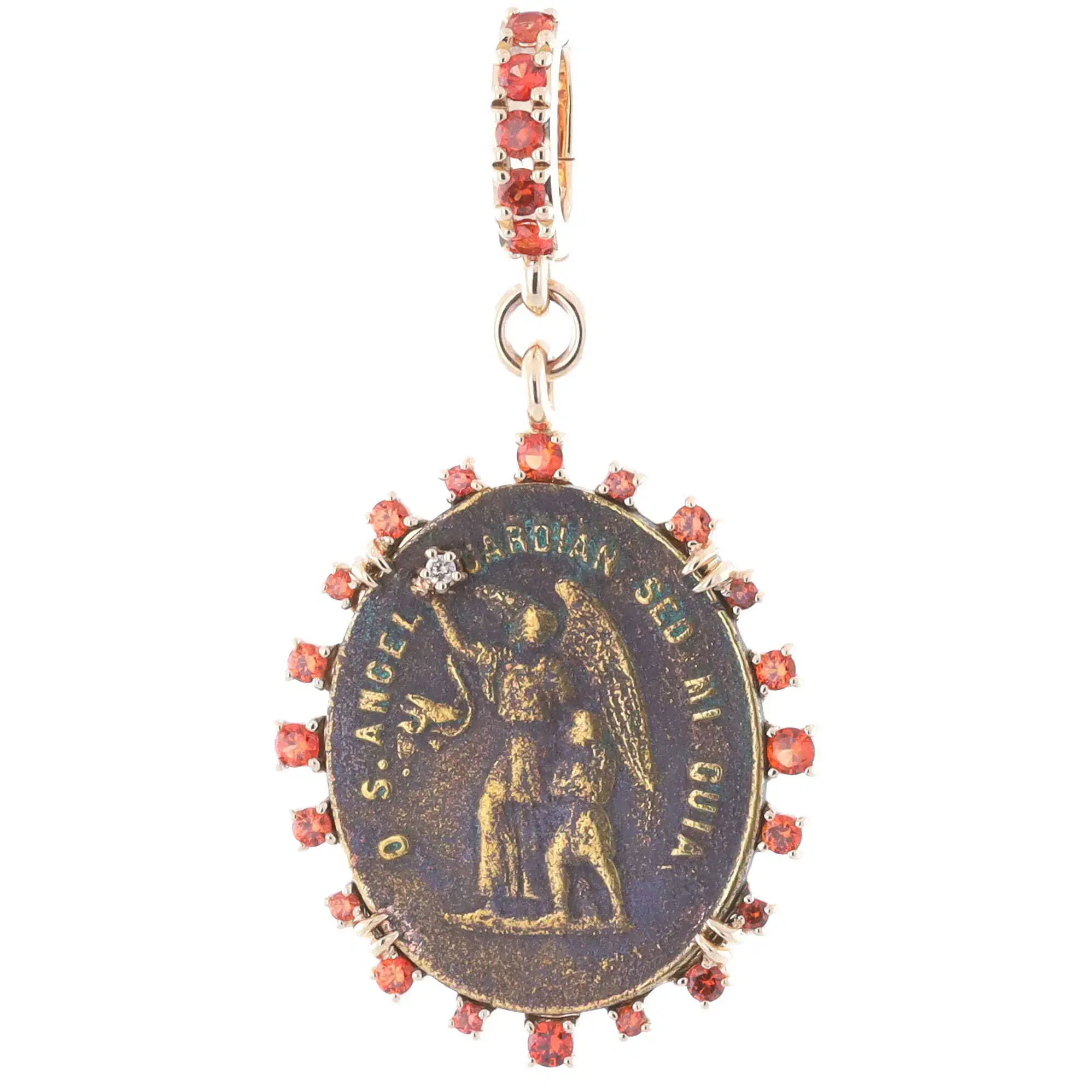 This 14k yellow gold pendant showcases vibrant orange sapphires, accented by a petite diamond at the center. A delicate yet striking piece that adds a pop of color and elegance to any outfit.-14k Yellow gold-Sapphire, 0.62cts-Diamond, .01ctItem# 806-2000146 Antique Bronze Spanish Guardian Angel Pendant