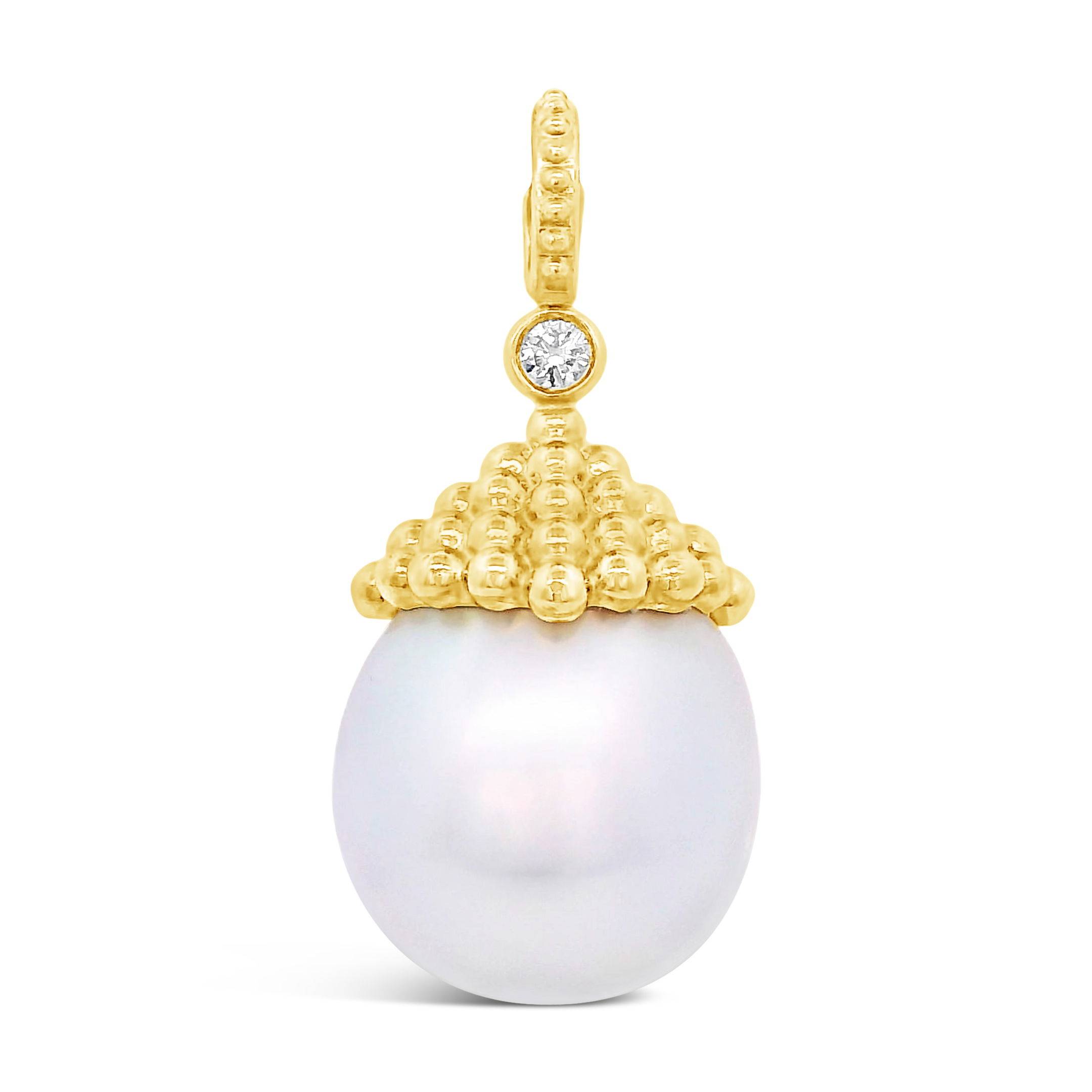 This white pearl pendant, set in 18k yellow gold, showcases its luminous natural glow. Effortlessly elegant, it’s a refined piece that adds a touch of timeless sophistication to any look. Chain sold separately. -18k Yellow gold-Pearl-Diamond, 0.06ctItem# ND-PD-00006 Pearl Pendant