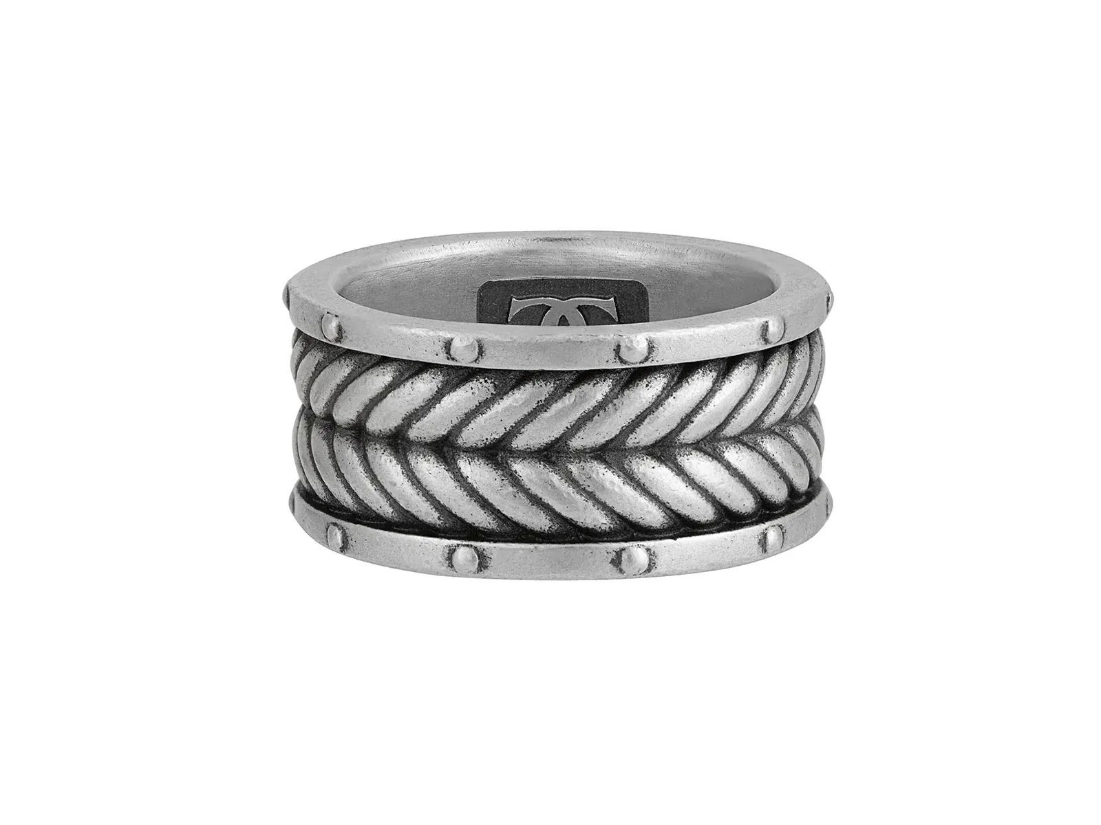 This sterling silver band ring features a bold, wide chevron pattern for a contemporary, masculine edge. Its clean lines and solid design make it a versatile choice for everyday wear.-Sterling silver-Width, 11.70 mmItem# 800-2000045 Silver Ring with Herringbone Pattern
