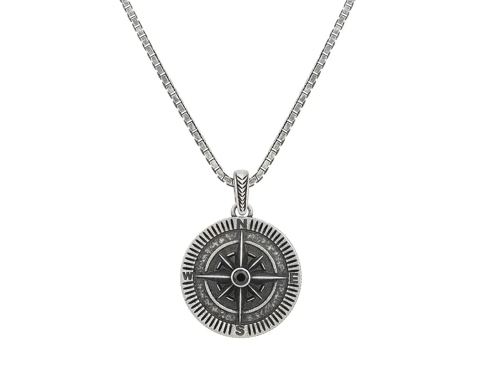 This sterling silver necklace features a compass pendant with a black diamond at its center, suspended on a sleek box chain. A timeless piece, it’s perfect for navigating any style with confidence.-Sterling silver-Black Diamond, 0.16ct-Length 24"Item# 800-2000048 Compass Pendant with Box Chain