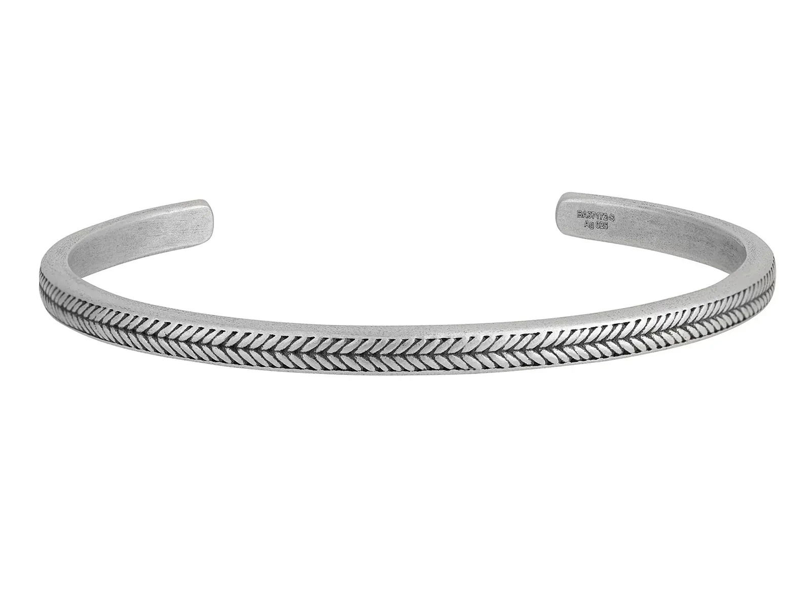 This sterling silver cuff bracelet features a striking chevron pattern for a modern, masculine look. Its clean design makes it a versatile piece for any occasion.-Sterling silver-Diameter 63x46mmItem# 800-2000052 Chevron Silver cuff