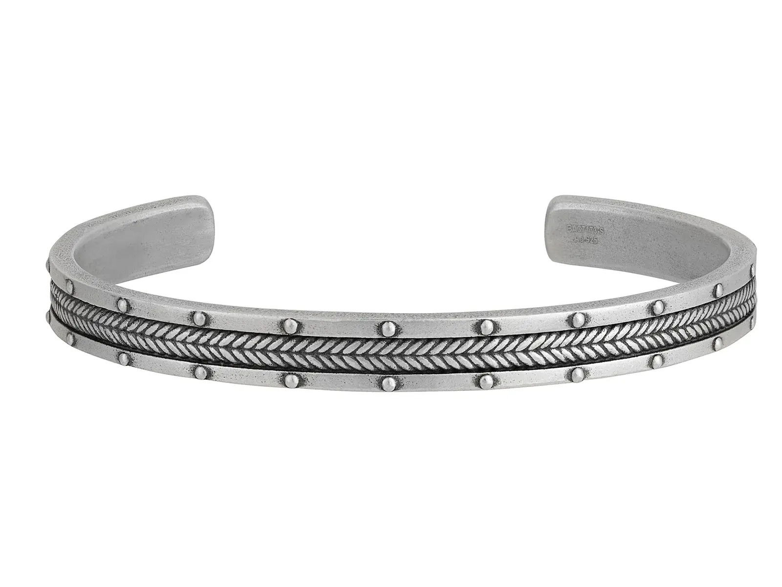 This sterling silver cuff bracelet features rivet details and a chevron pattern for a rugged, masculine edge. Its bold design makes it a standout accessory for any look.-Sterling silver-Rivet and chevron-7mm WideItem# 800-2000054 Silver Cuff Bracelet