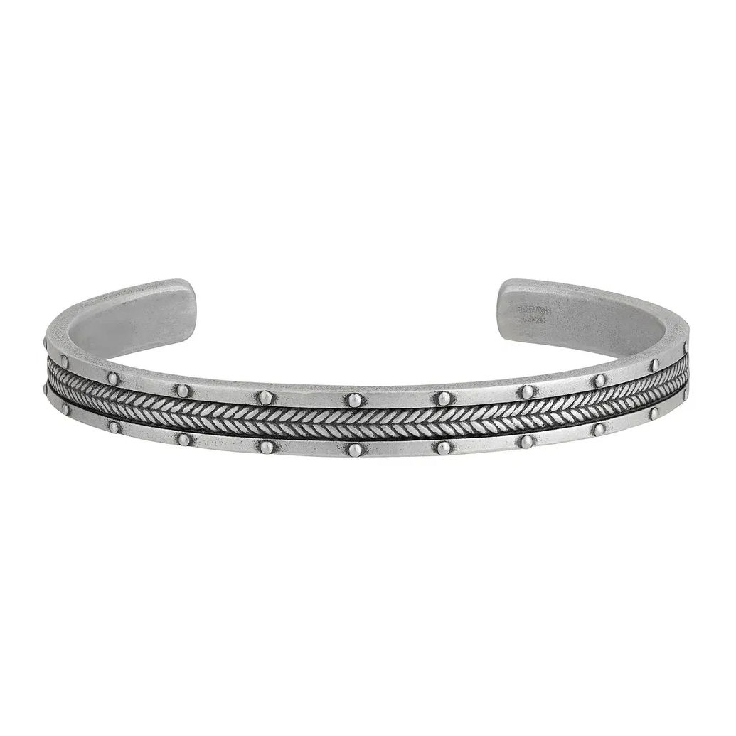This sterling silver cuff bracelet features rivet details and a chevron pattern for a rugged, masculine edge. Its bold design makes it a standout accessory for any look.-Sterling silver-Rivet and chevron-7mm WideItem# 800-2000054 Silver Cuff Bracelet